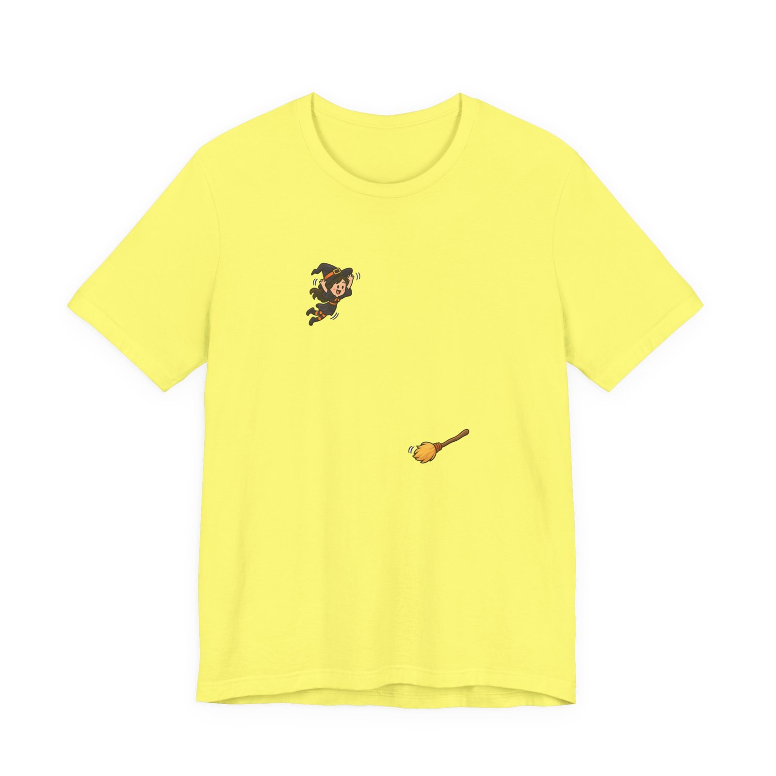 Playful Halloween Witch Jumping Onto Broom Graphic Tee - Image 9