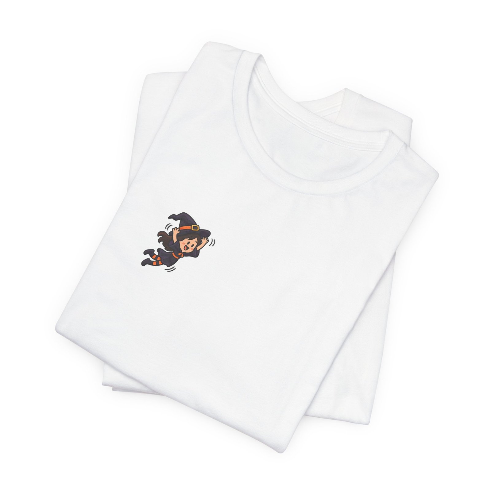 Playful Halloween Witch Jumping Onto Broom Graphic Tee - Image 3