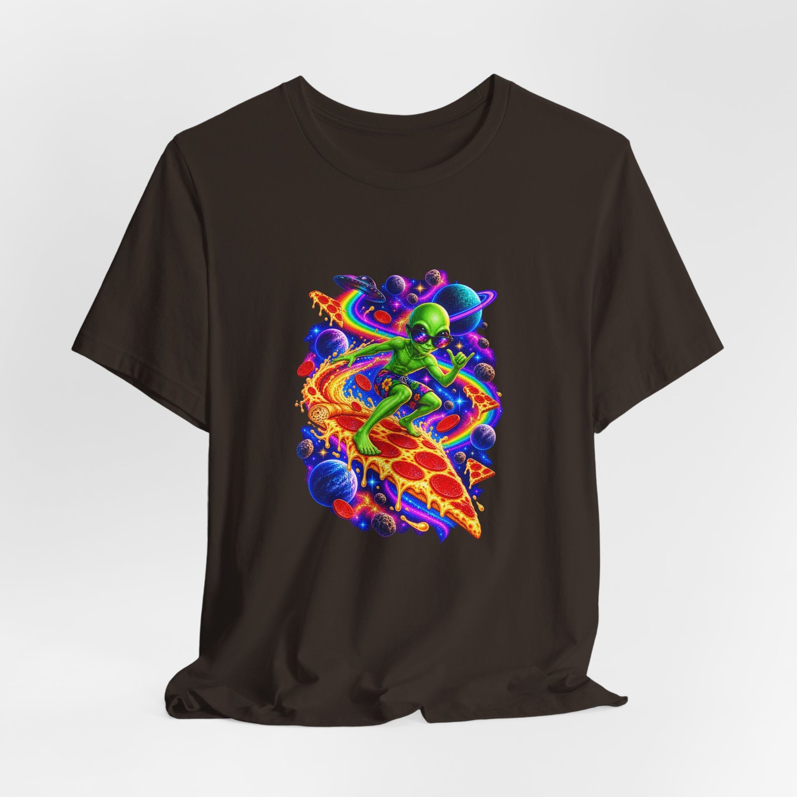 Cosmic Alien Pizza Surfer Graphic Tee - Image 12