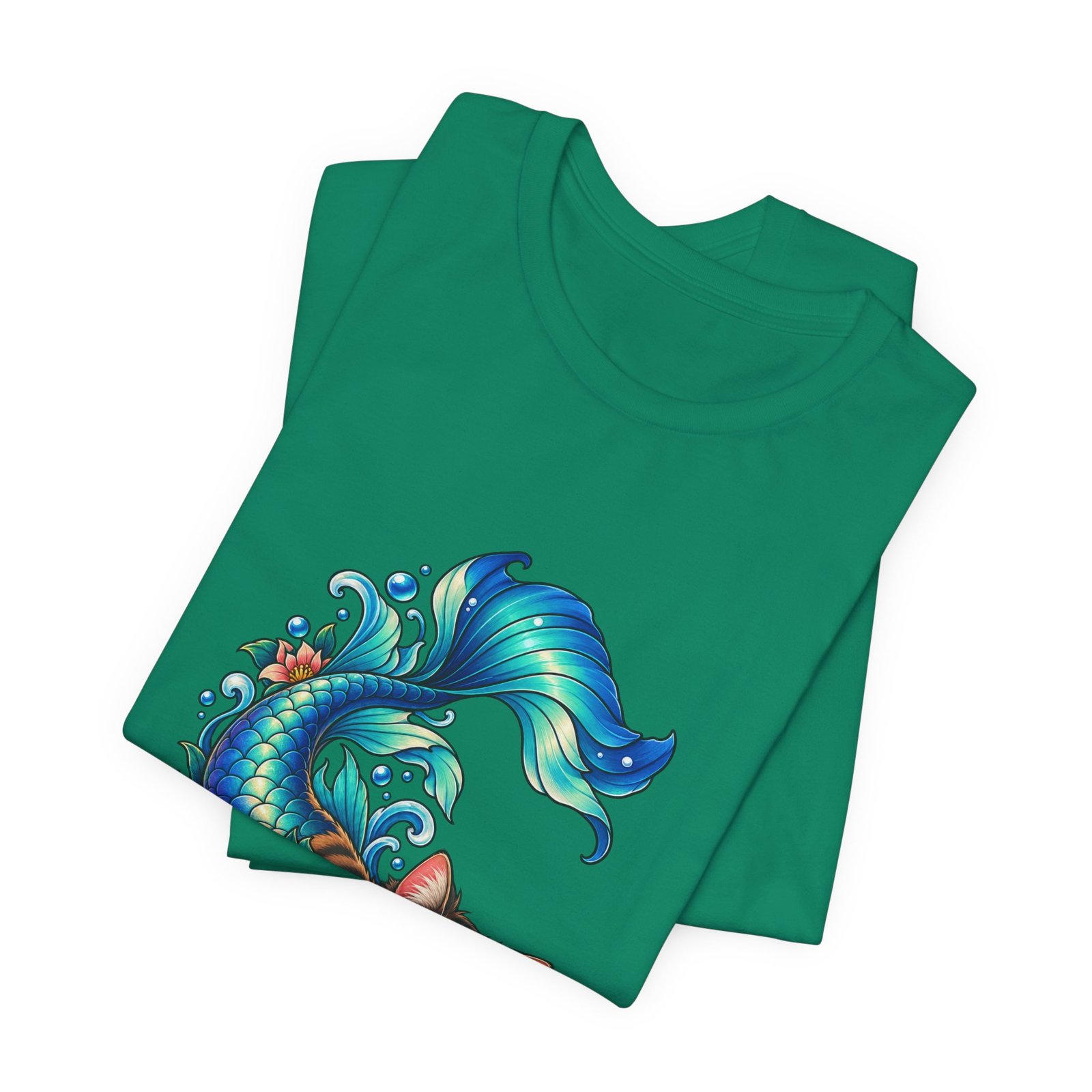 Cute Mermaid Cat Turquoise Tail Ocean Flowers Graphic Tee - Image 27