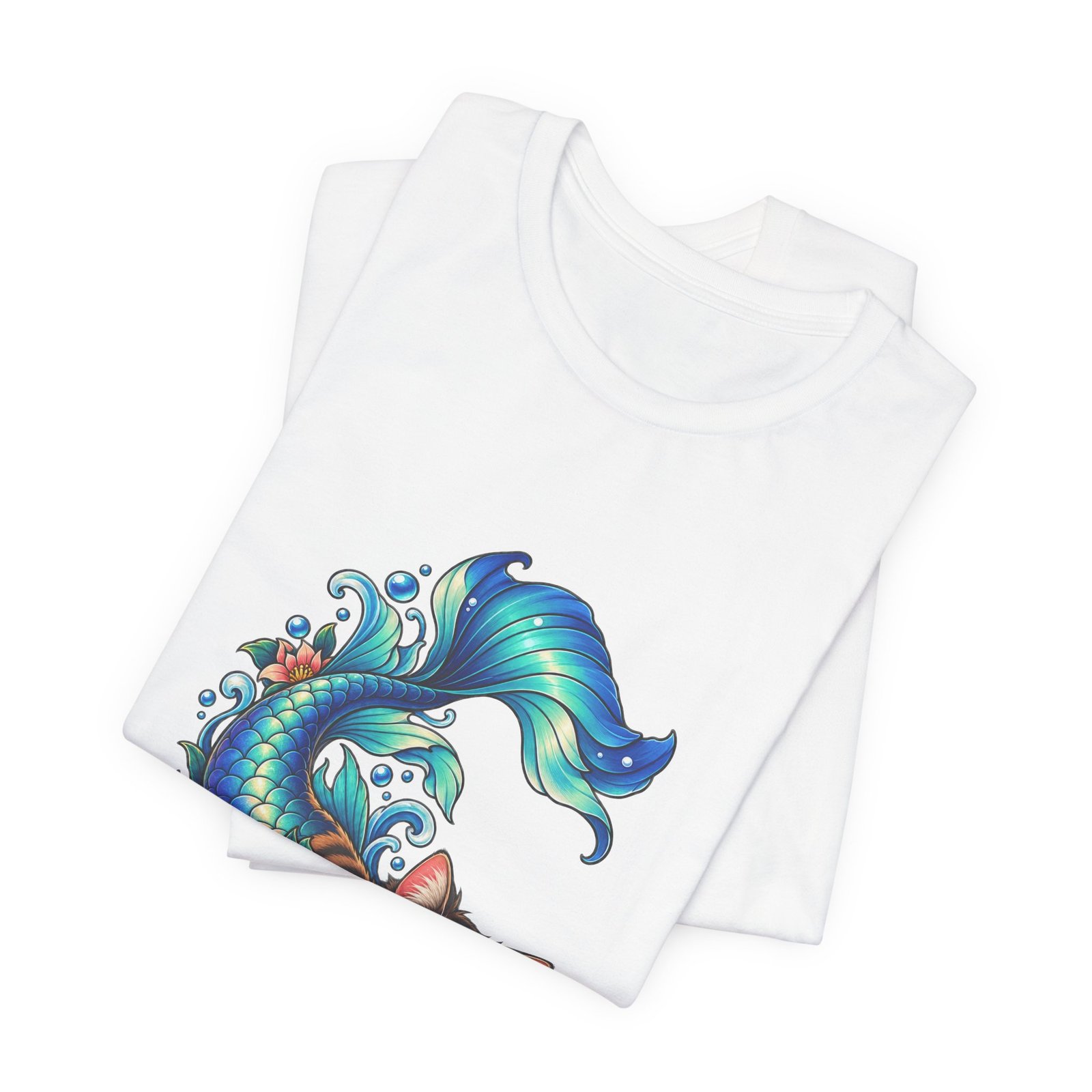 Cute Mermaid Cat Turquoise Tail Ocean Flowers Graphic Tee - Image 3