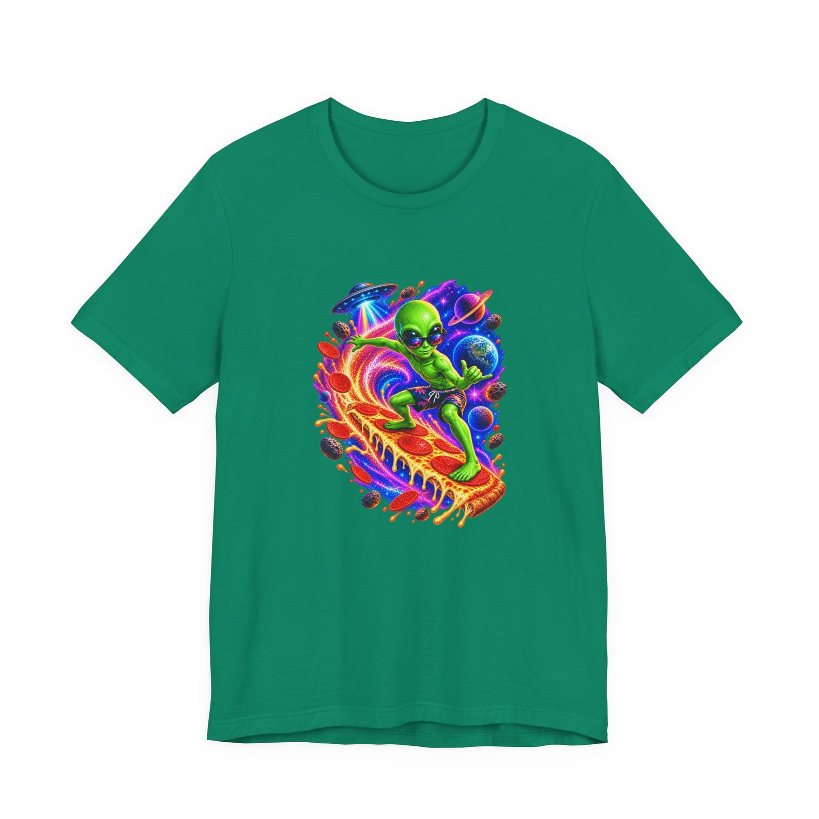 Alien Pizza Space Surfer Graphic Tee - Image 25