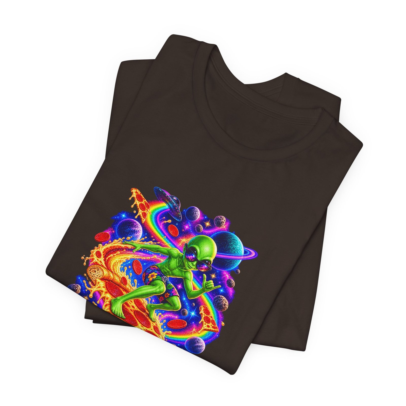Cosmic Alien Pizza Surfer Graphic Tee - Image 11