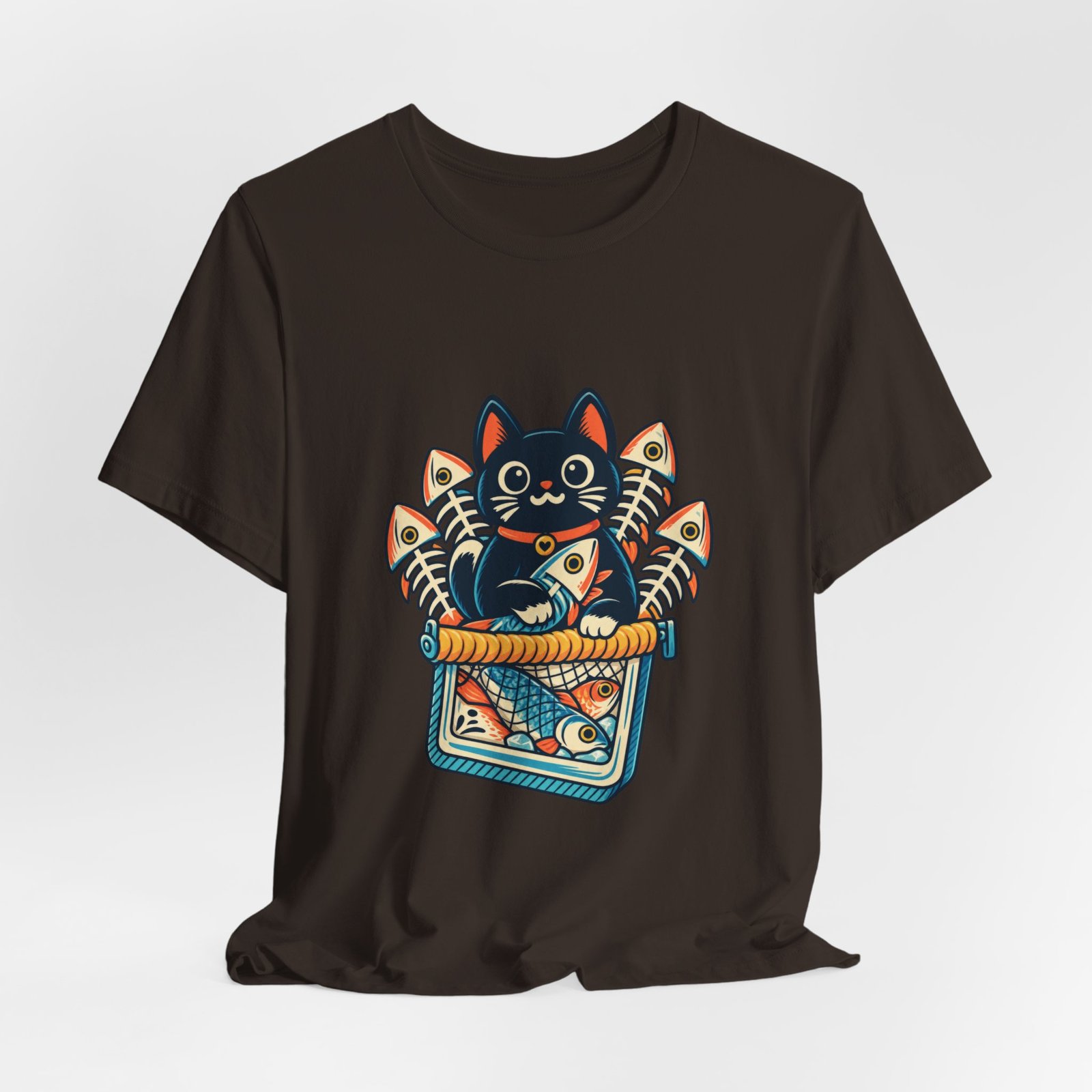 Cute Cat Sardine Fish Crate Cartoon Graphic Tee - Image 12