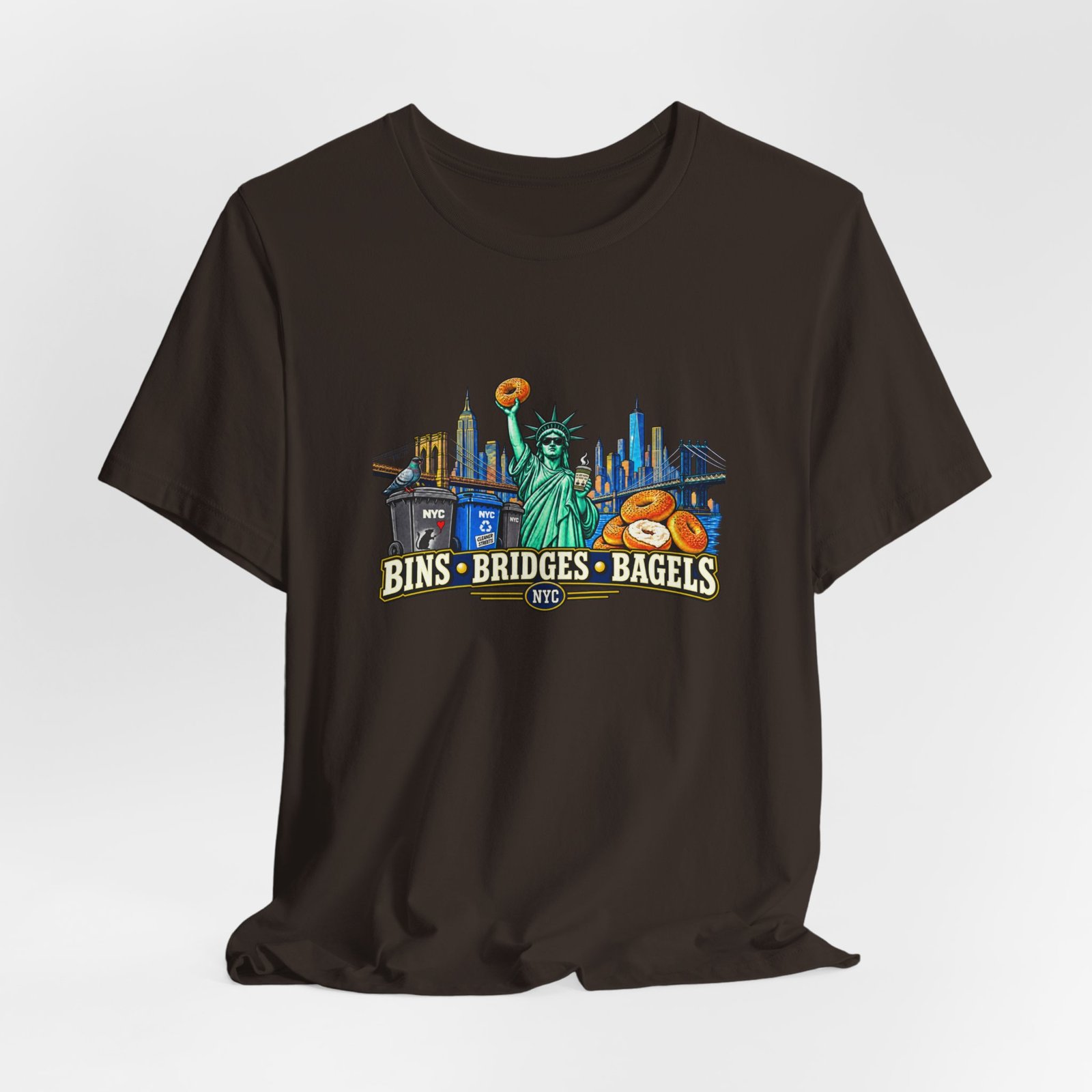 NYC Cleaner Streets Liberty Bagels Bridges Bins Graphic Tee - Image 12