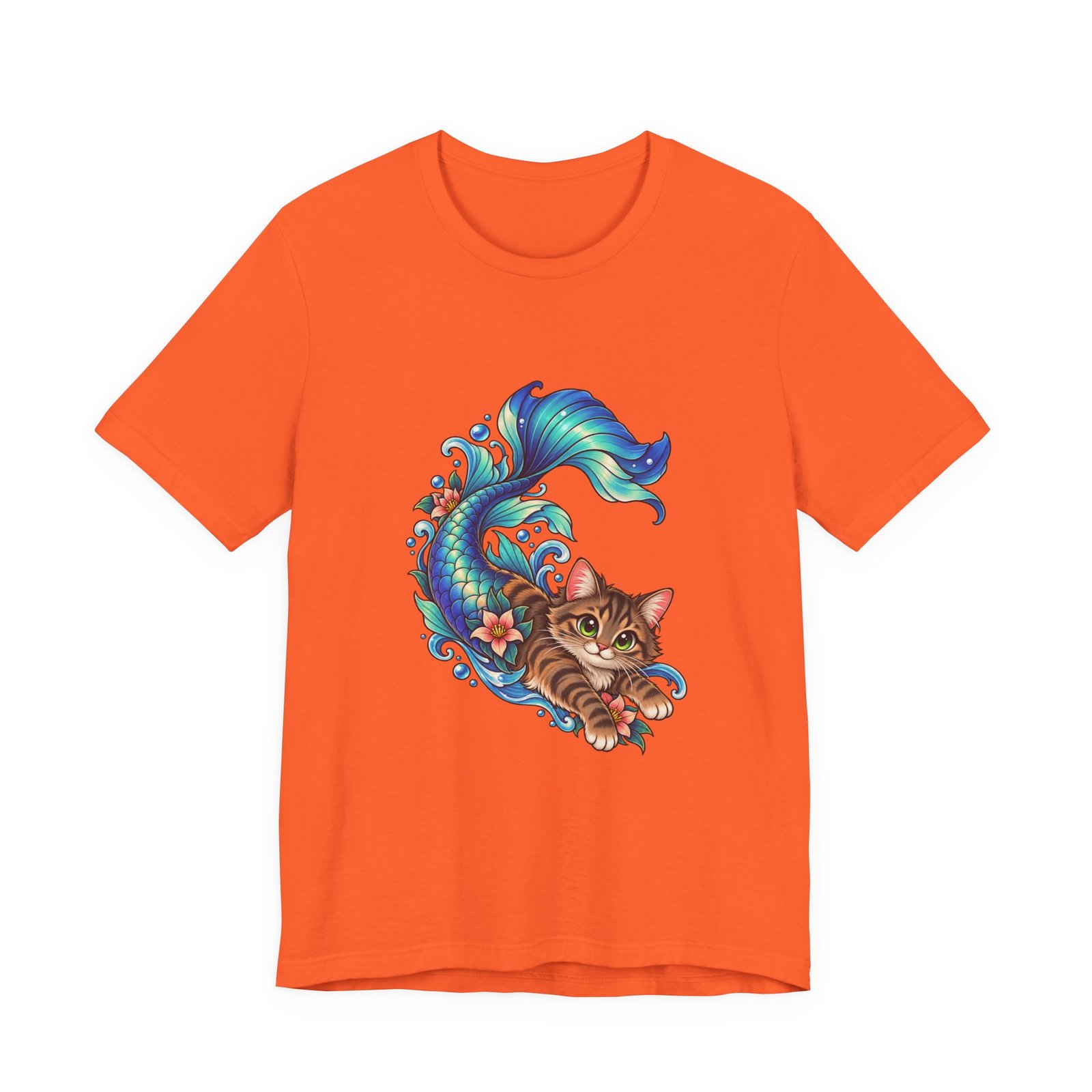 Cute Mermaid Cat Turquoise Tail Ocean Flowers Graphic Tee - Image 5