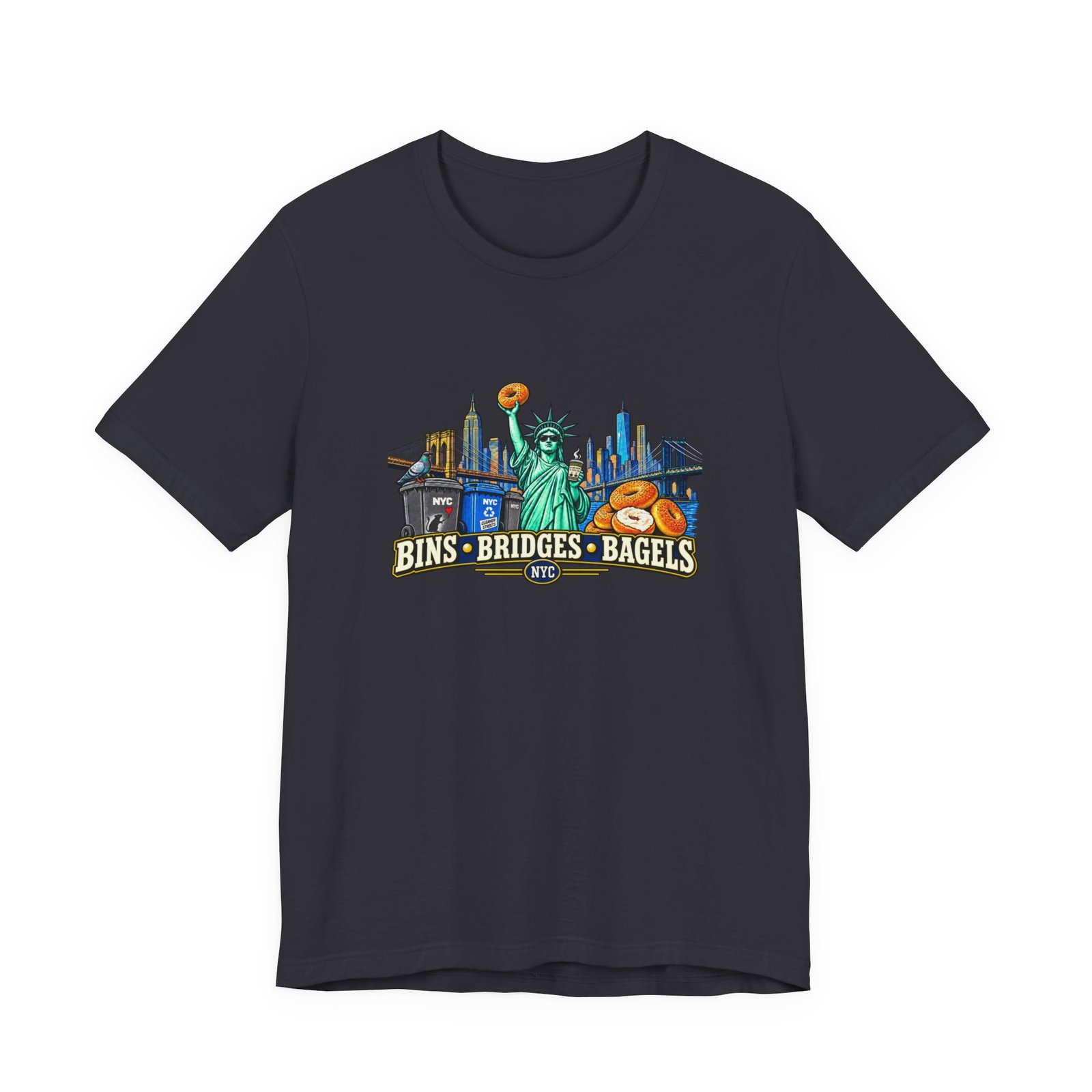 NYC Cleaner Streets Liberty Bagels Bridges Bins Graphic Tee - Image 21
