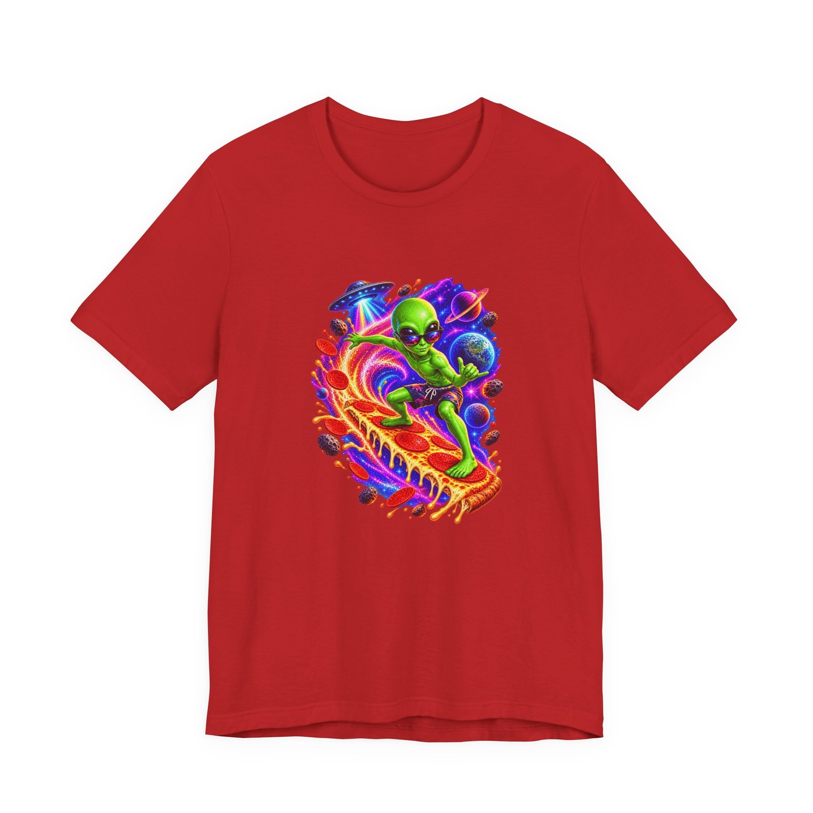 Alien Pizza Space Surfer Graphic Tee - Image 45
