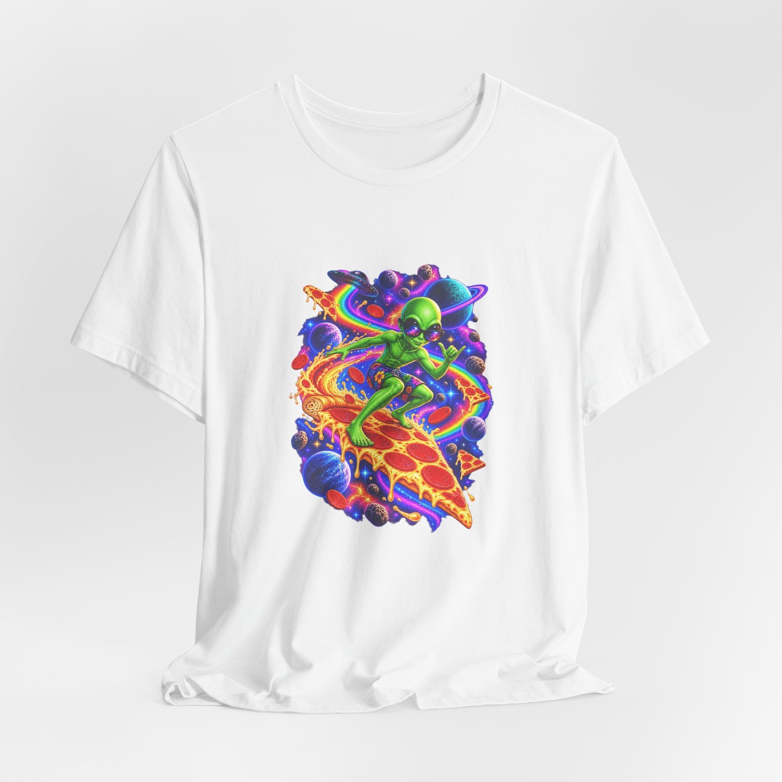 Cosmic Alien Pizza Surfer Graphic Tee - Image 4