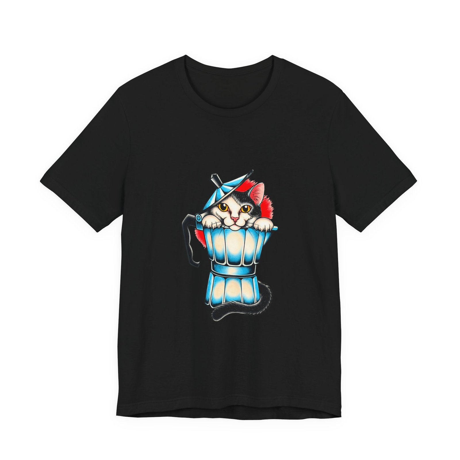Cute Cat In Blue Moka Pot Coffee Lover Art Graphic Tee - Image 13