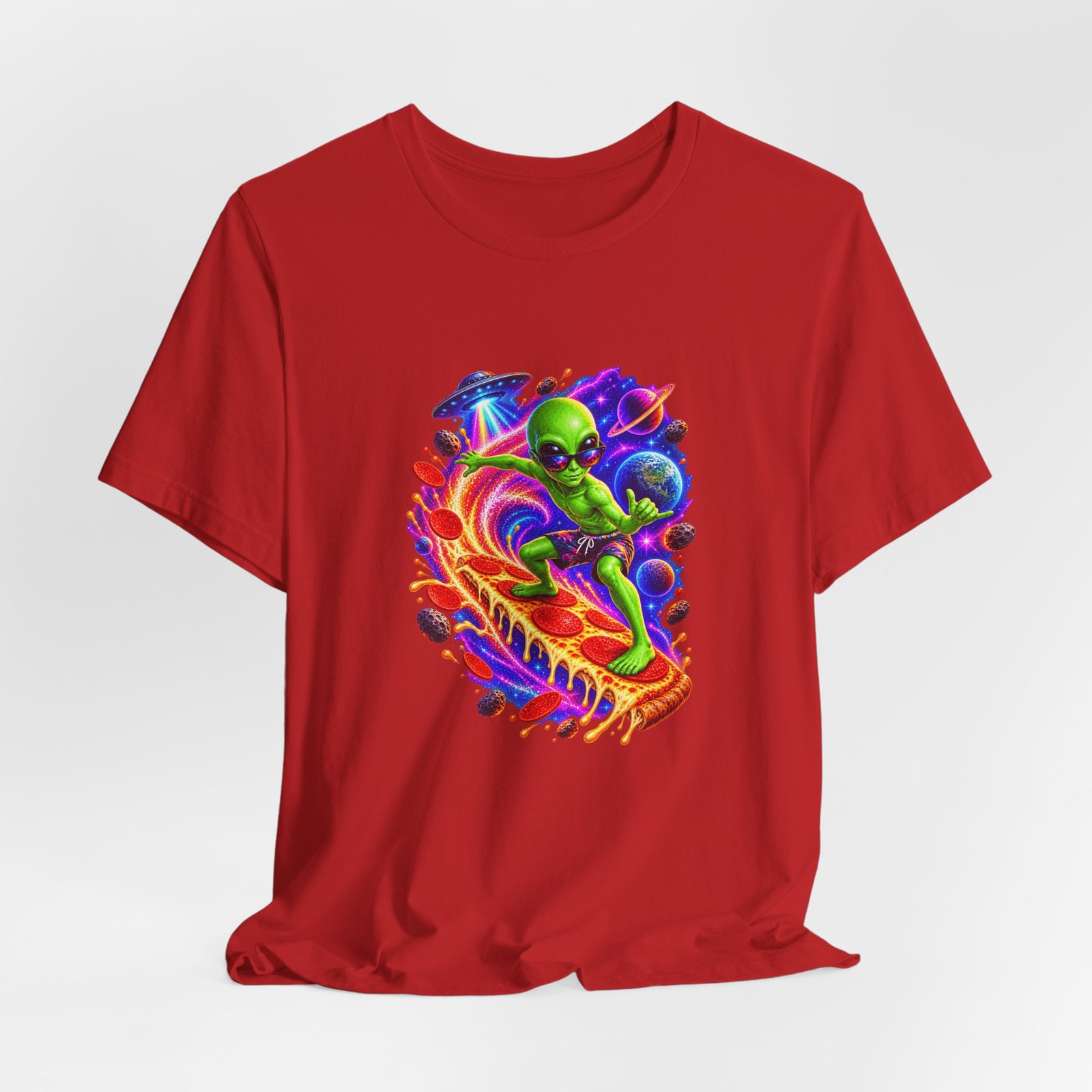Alien Pizza Space Surfer Graphic Tee - Image 48