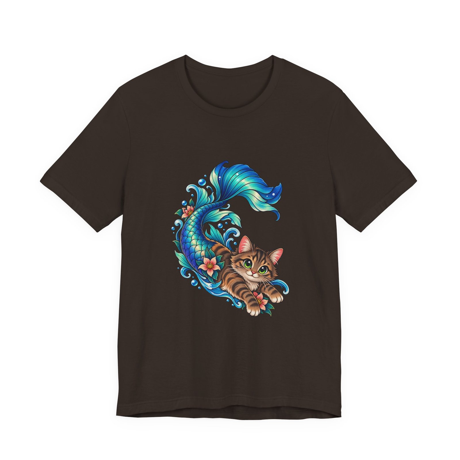 Cute Mermaid Cat Turquoise Tail Ocean Flowers Graphic Tee - Image 9