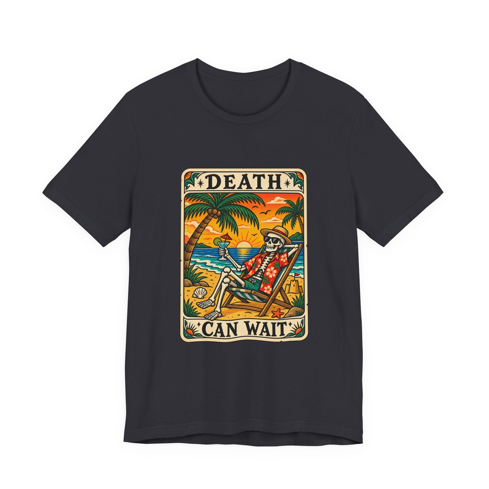 Beach Vacation Skeleton Tarot Card Humor Graphic Tee - Image 9