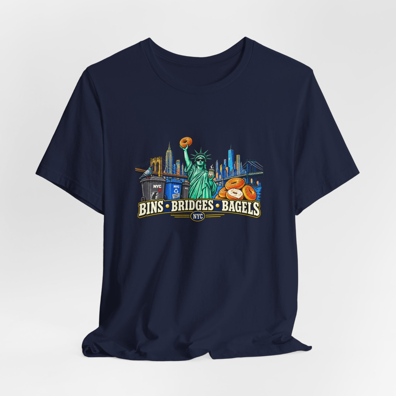 NYC Cleaner Streets Liberty Bagels Bridges Bins Graphic Tee - Image 36