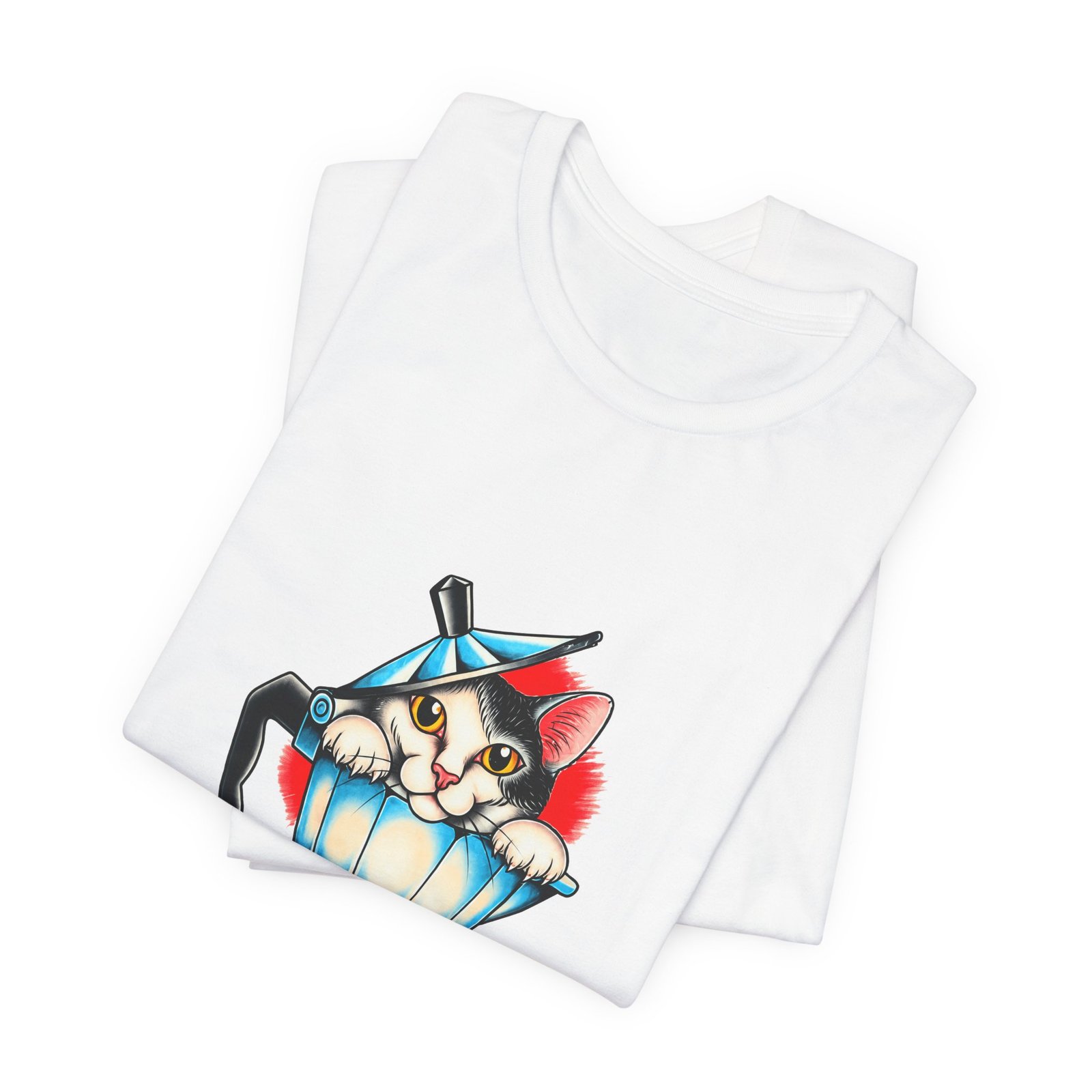 Cute Cat In Blue Moka Pot Coffee Lover Art Graphic Tee - Image 3