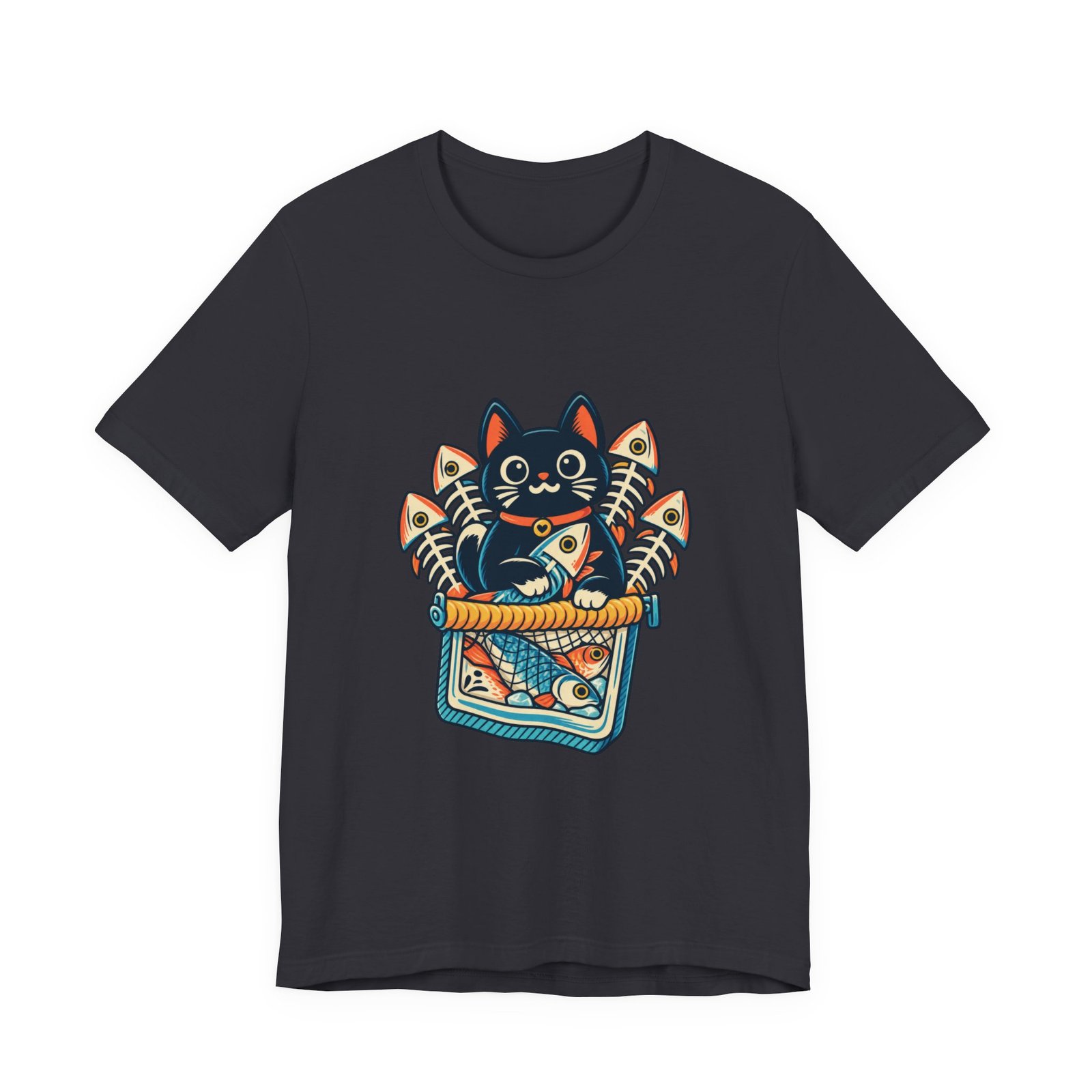 Cute Cat Sardine Fish Crate Cartoon Graphic Tee - Image 21