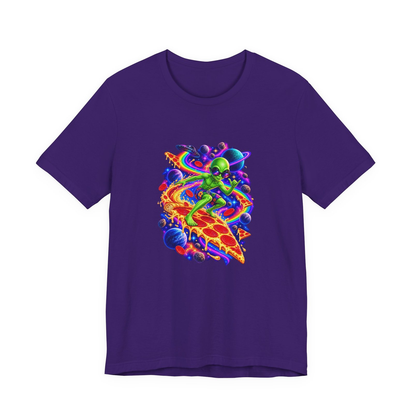 Cosmic Alien Pizza Surfer Graphic Tee - Image 37
