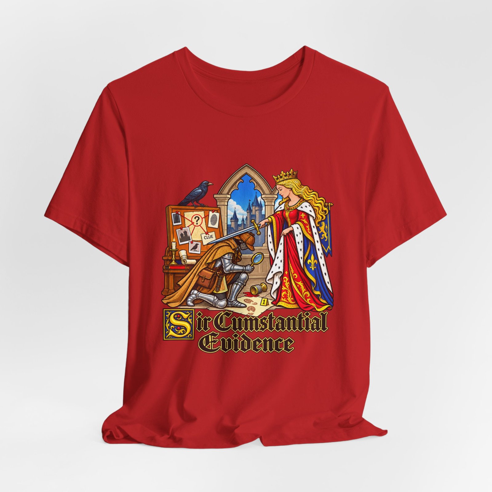 Sir Cumstantial Evidence Medieval Mystery Graphic Tee - Image 48