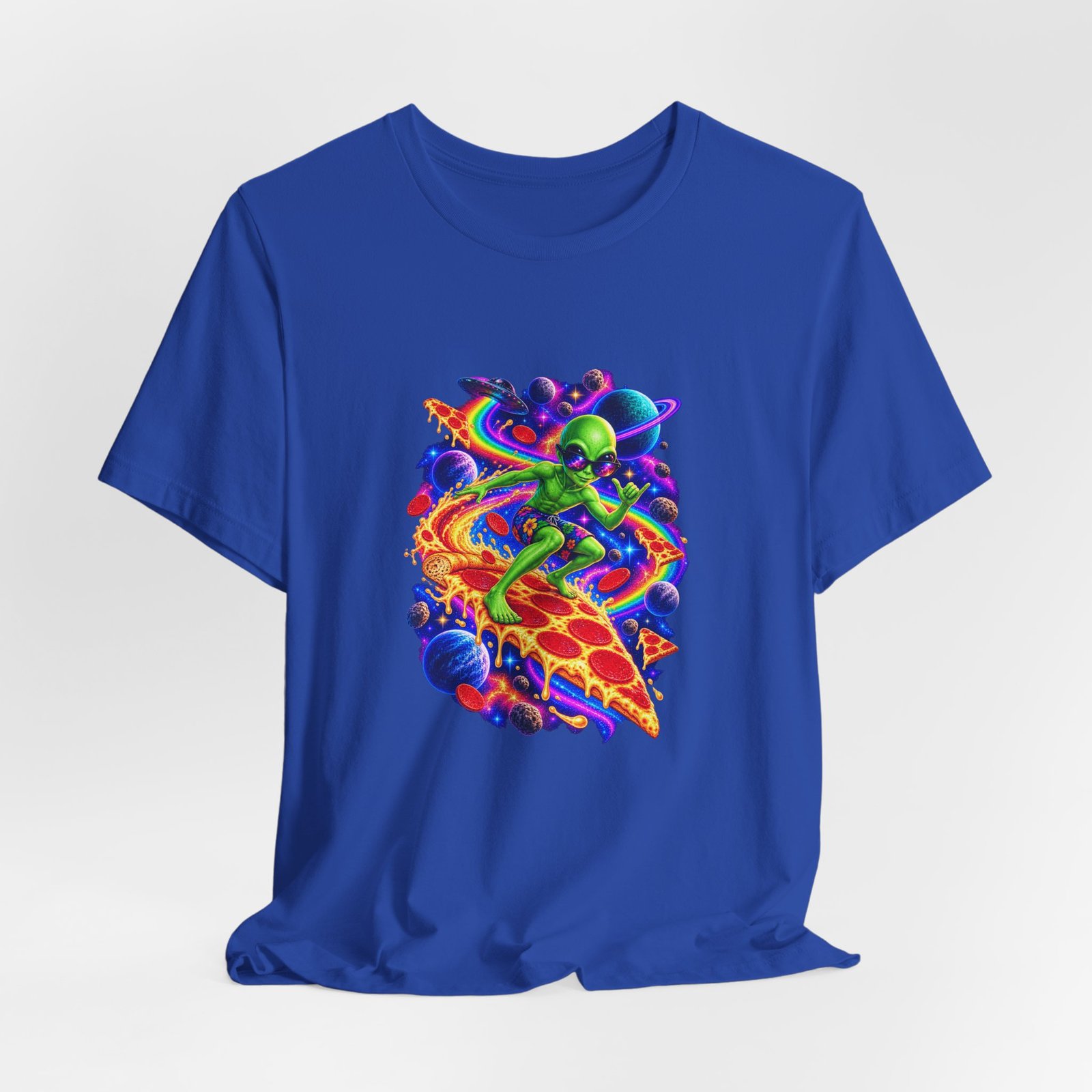 Cosmic Alien Pizza Surfer Graphic Tee - Image 32