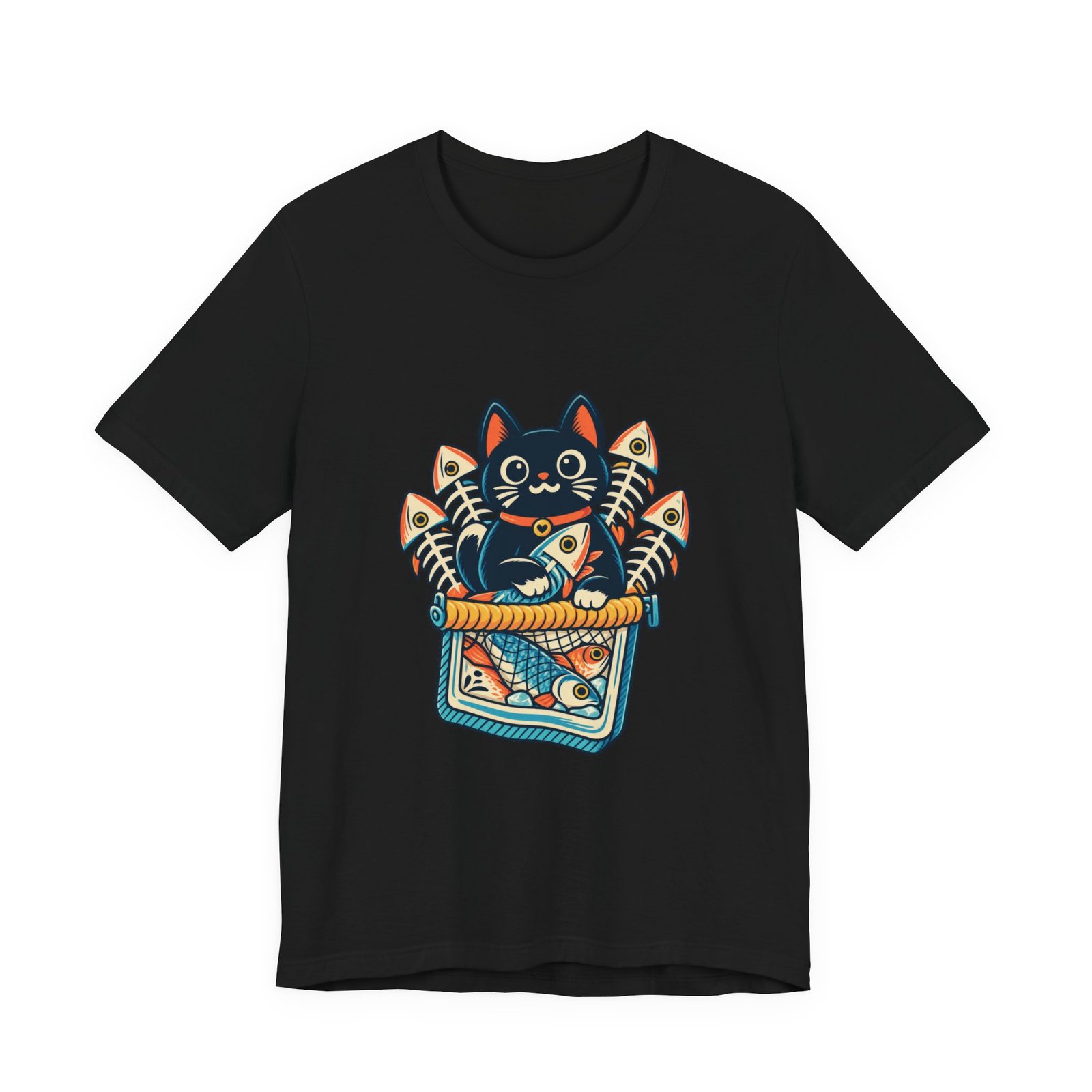 Cute Cat Sardine Fish Crate Cartoon Graphic Tee - Image 13