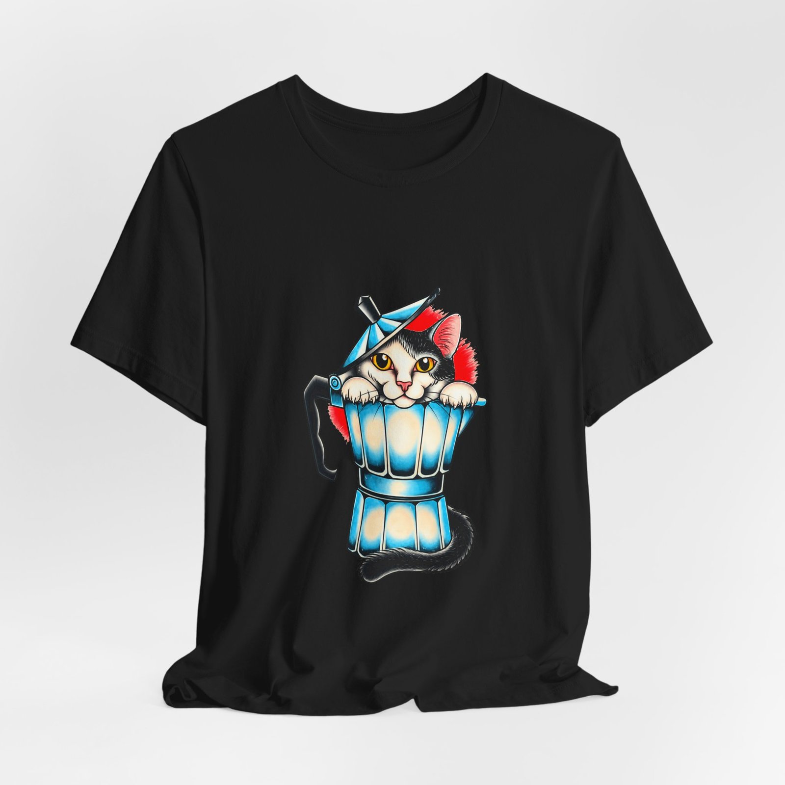 Cute Cat In Blue Moka Pot Coffee Lover Art Graphic Tee - Image 16