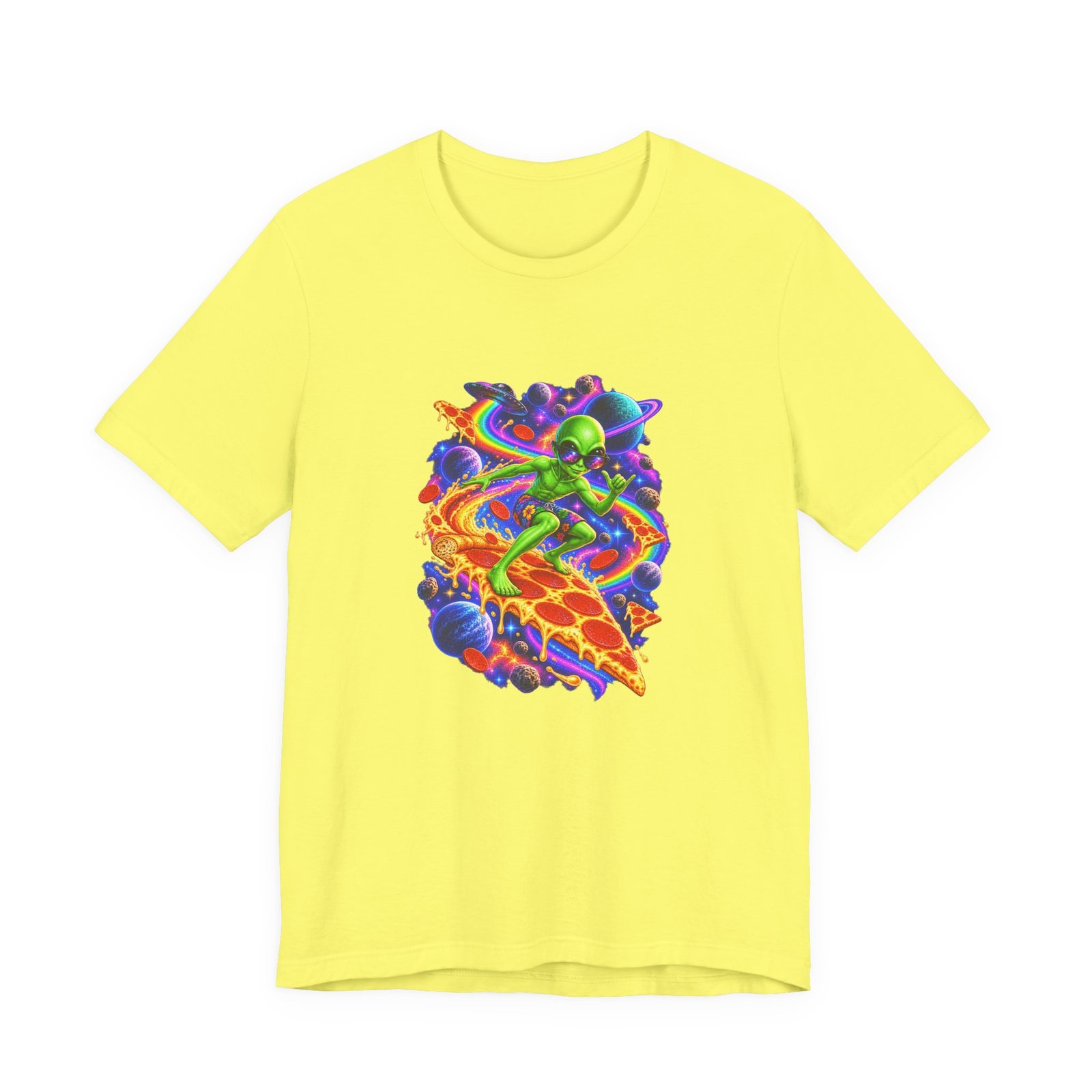 Cosmic Alien Pizza Surfer Graphic Tee - Image 17