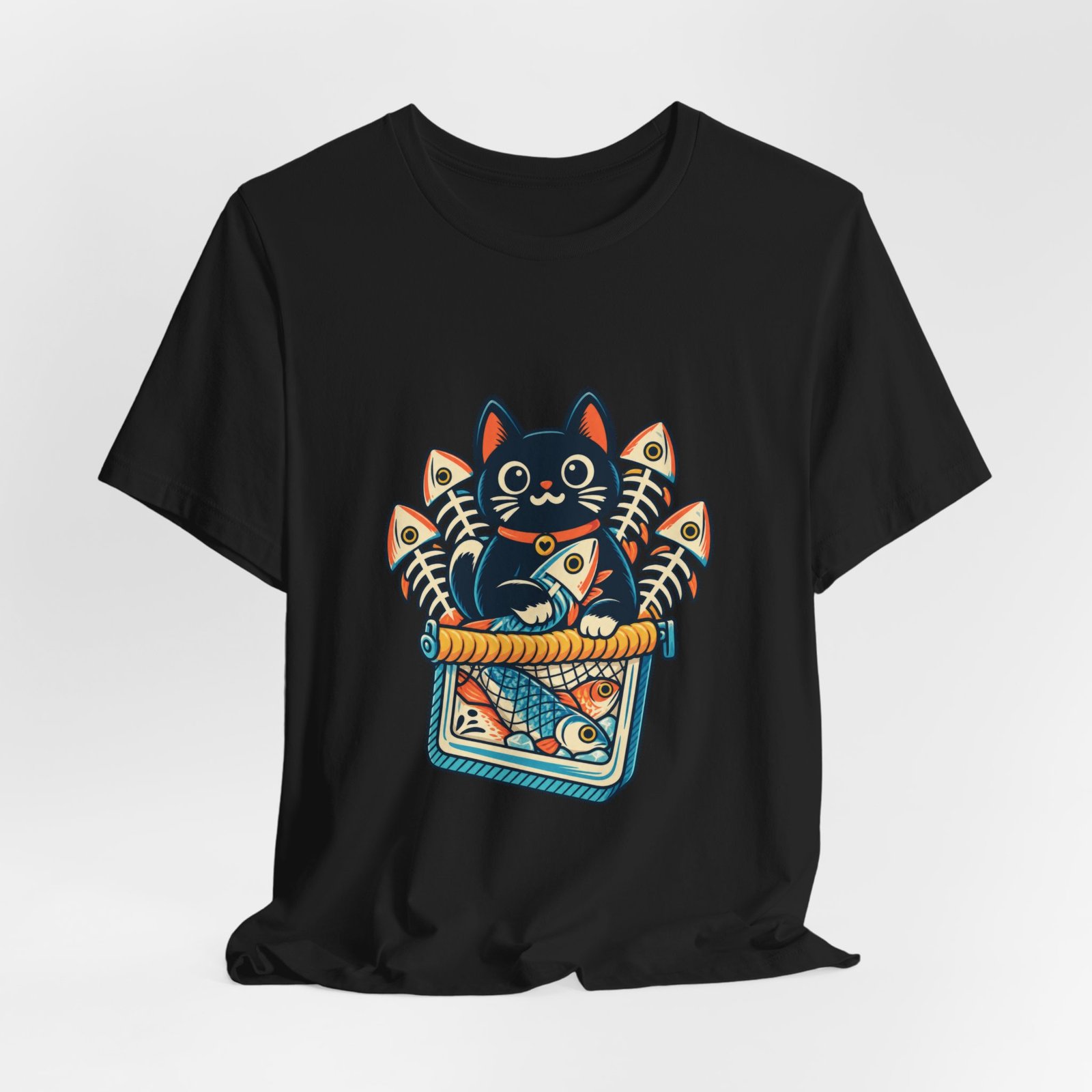 Cute Cat Sardine Fish Crate Cartoon Graphic Tee - Image 16