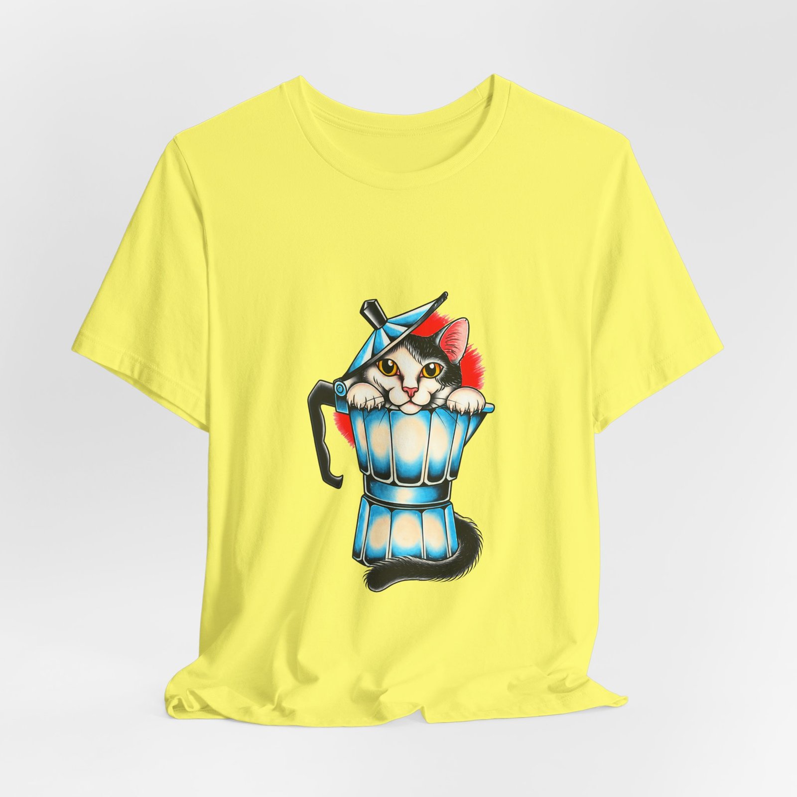 Cute Cat In Blue Moka Pot Coffee Lover Art Graphic Tee - Image 20