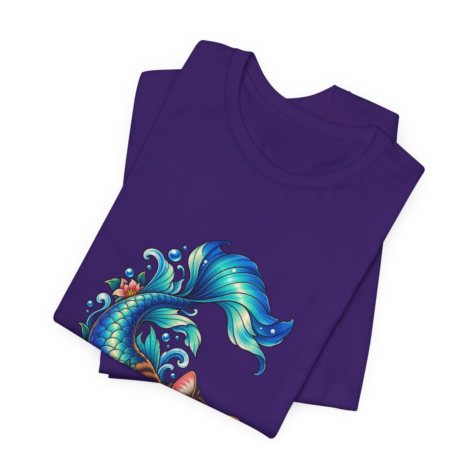 Cute Mermaid Cat Turquoise Tail Ocean Flowers Graphic Tee - Image 39
