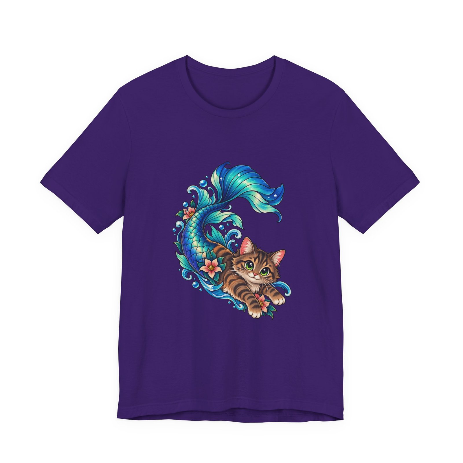 Cute Mermaid Cat Turquoise Tail Ocean Flowers Graphic Tee - Image 37