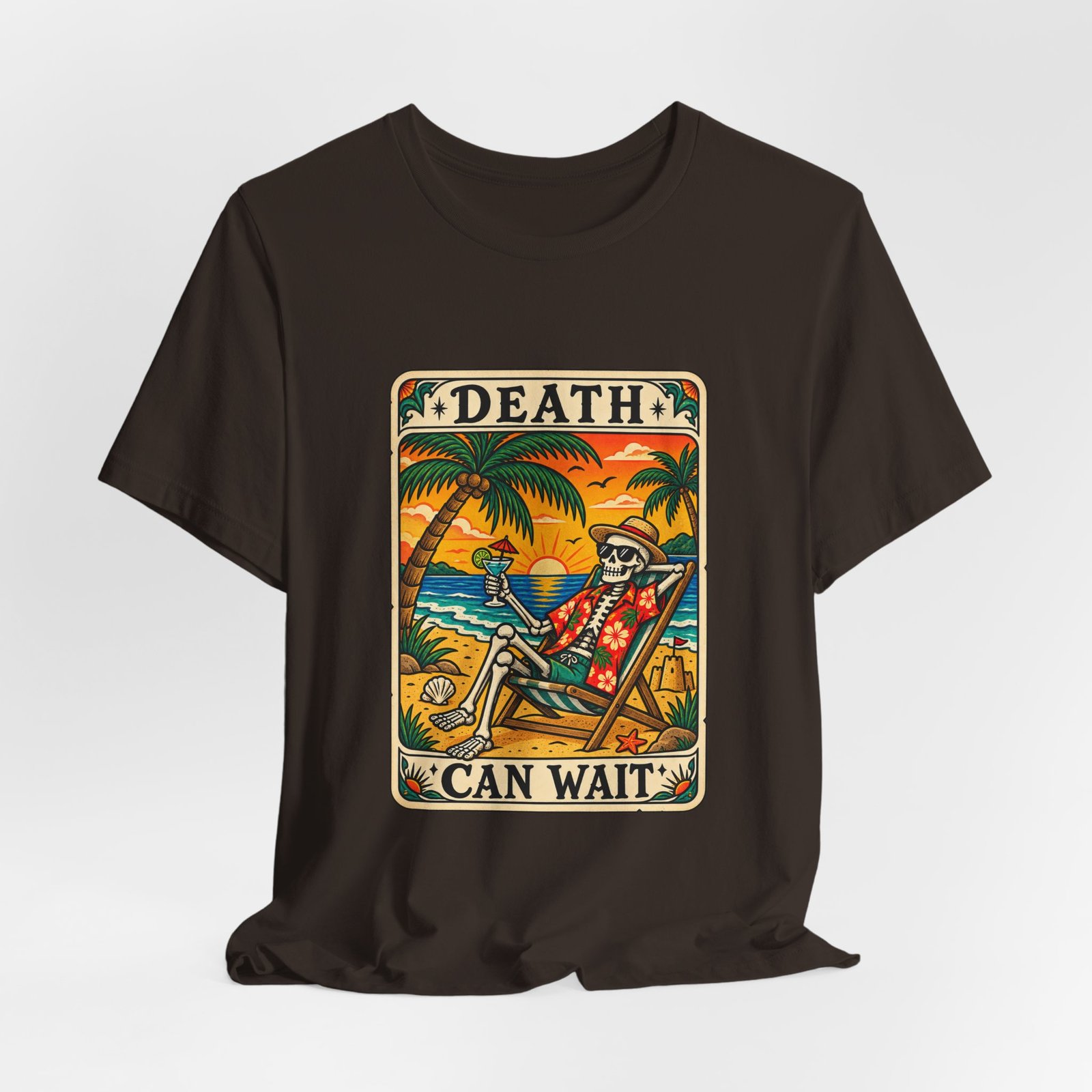 Beach Vacation Skeleton Tarot Card Humor Graphic Tee - Image 4