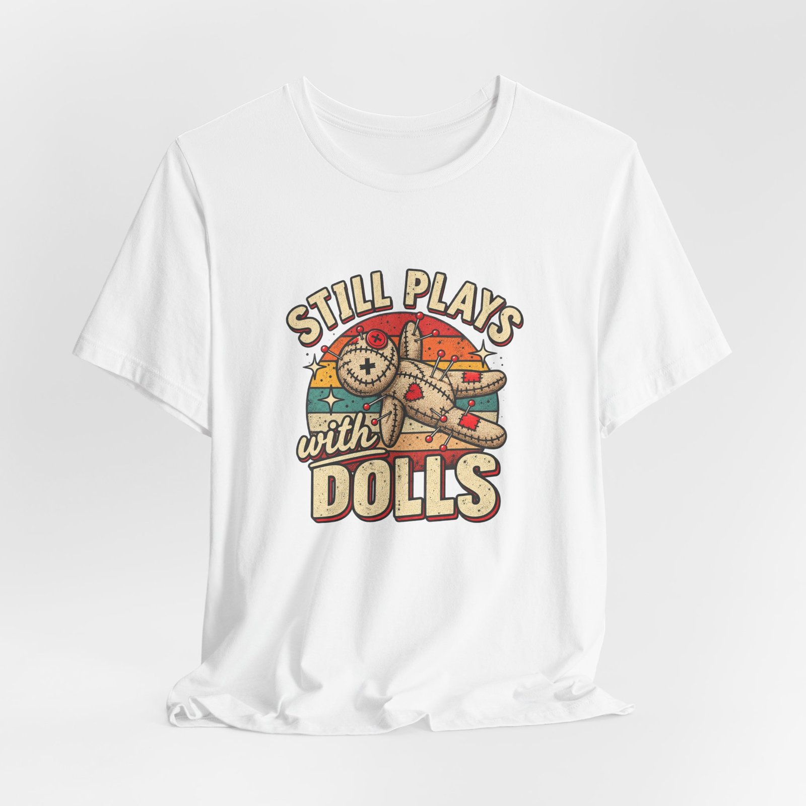 Still Plays With Dolls Voodoo Doll Halloween Humor Graphic Tee - Image 4