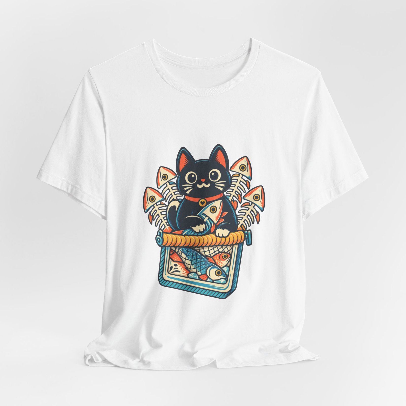 Cute Cat Sardine Fish Crate Cartoon Graphic Tee - Image 4