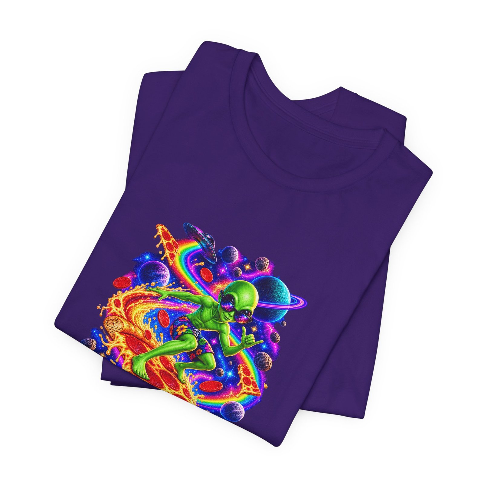 Cosmic Alien Pizza Surfer Graphic Tee - Image 39