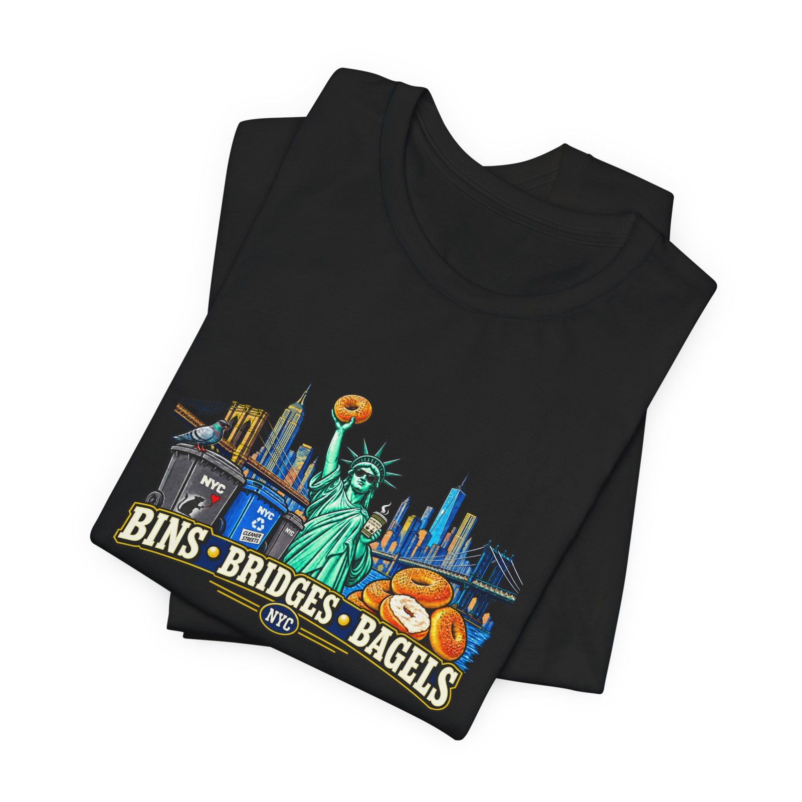 NYC Cleaner Streets Liberty Bagels Bridges Bins Graphic Tee - Image 15