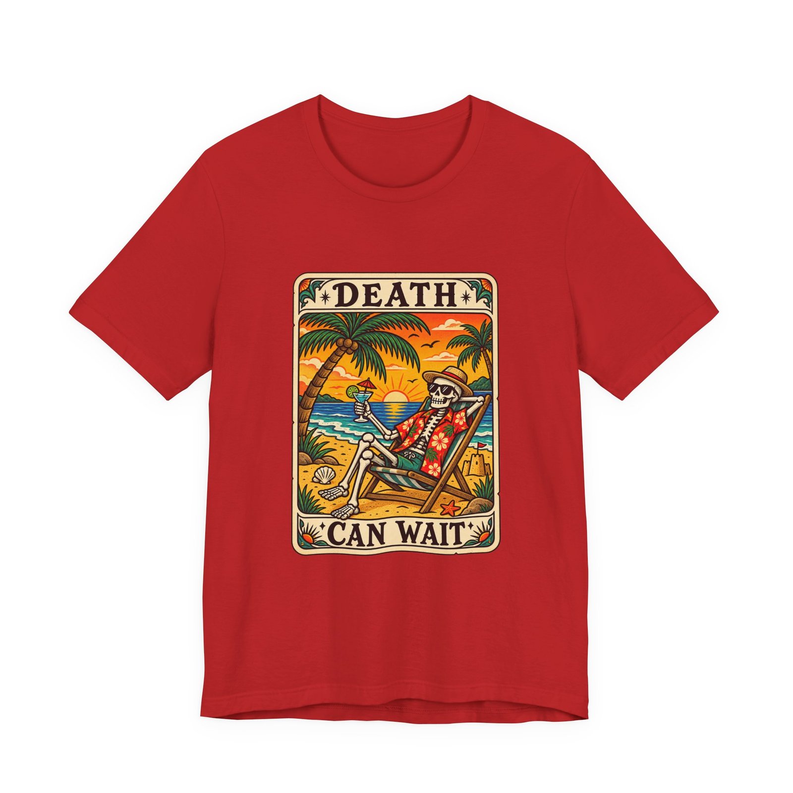 Beach Vacation Skeleton Tarot Card Humor Graphic Tee - Image 29