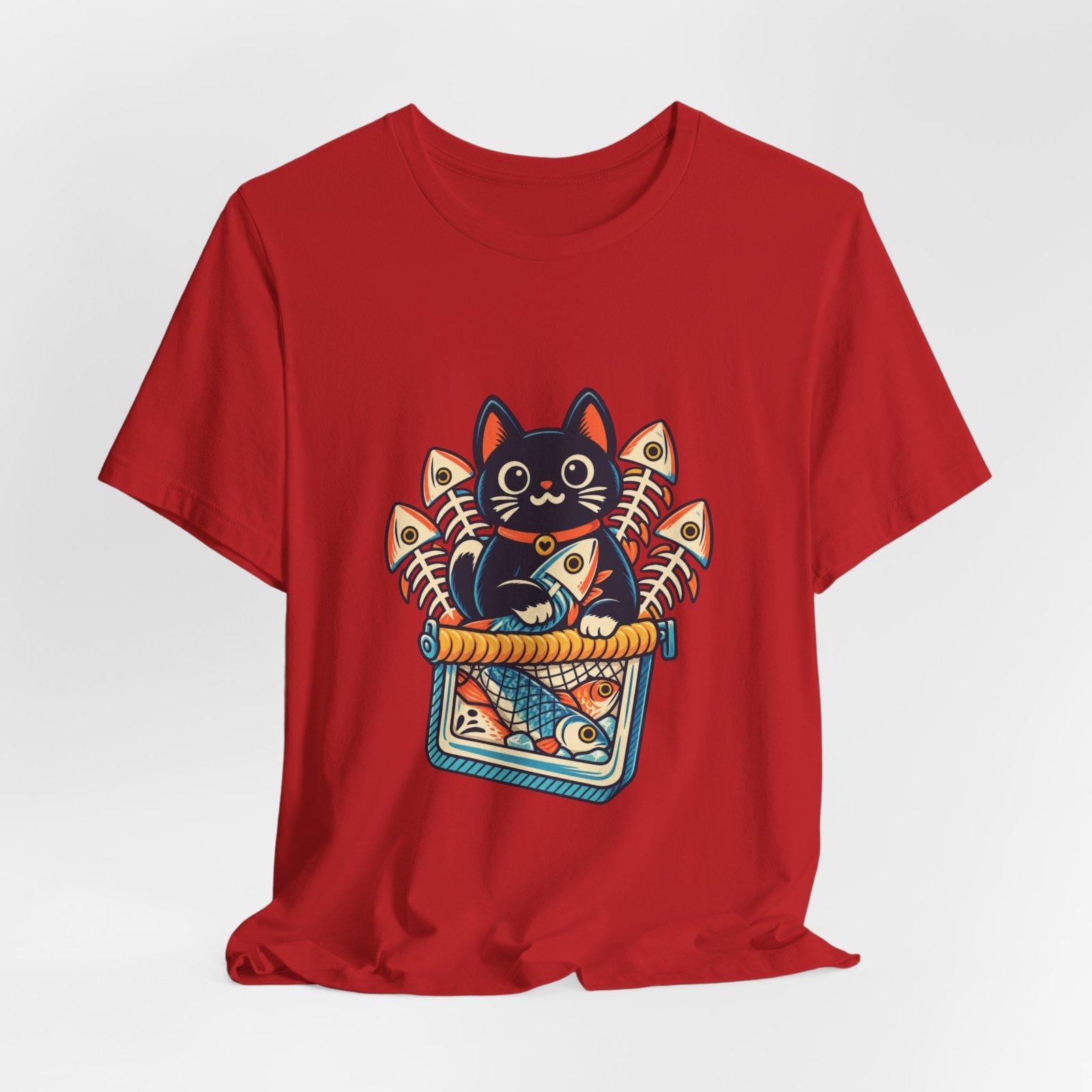 Cute Cat Sardine Fish Crate Cartoon Graphic Tee - Image 48