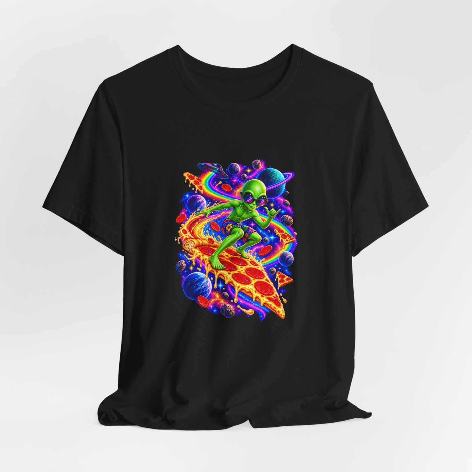 Cosmic Alien Pizza Surfer Graphic Tee - Image 16