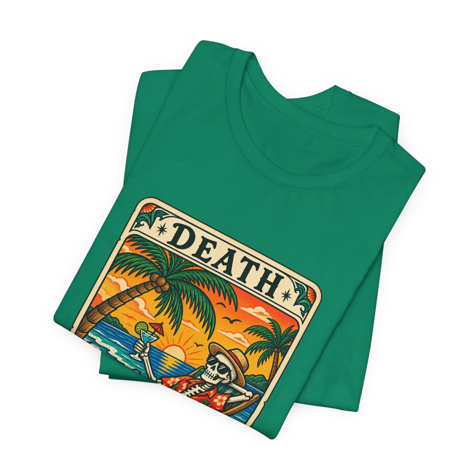 Beach Vacation Skeleton Tarot Card Humor Graphic Tee - Image 15