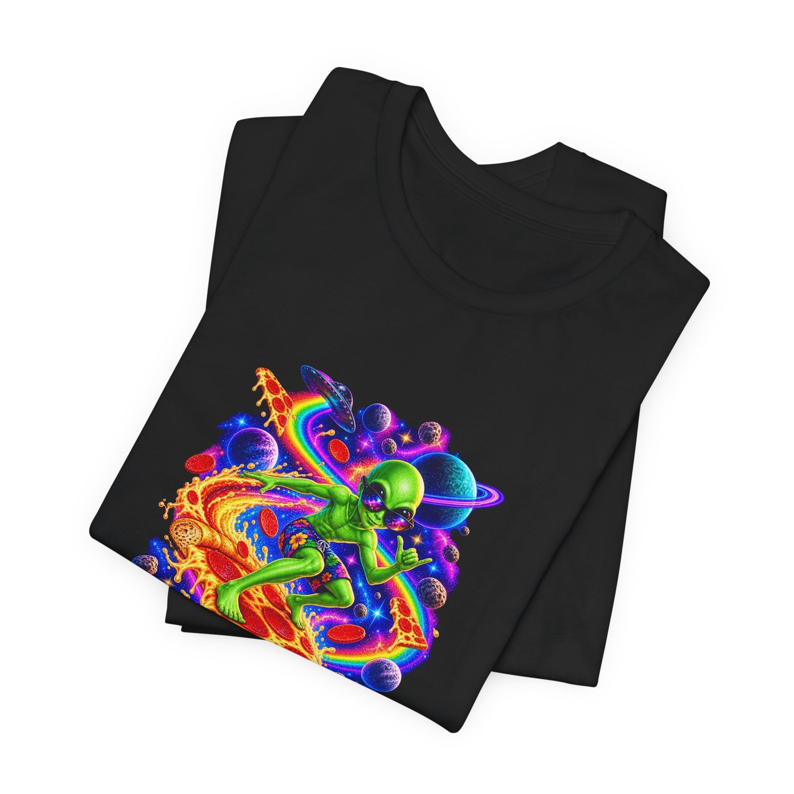 Cosmic Alien Pizza Surfer Graphic Tee - Image 15