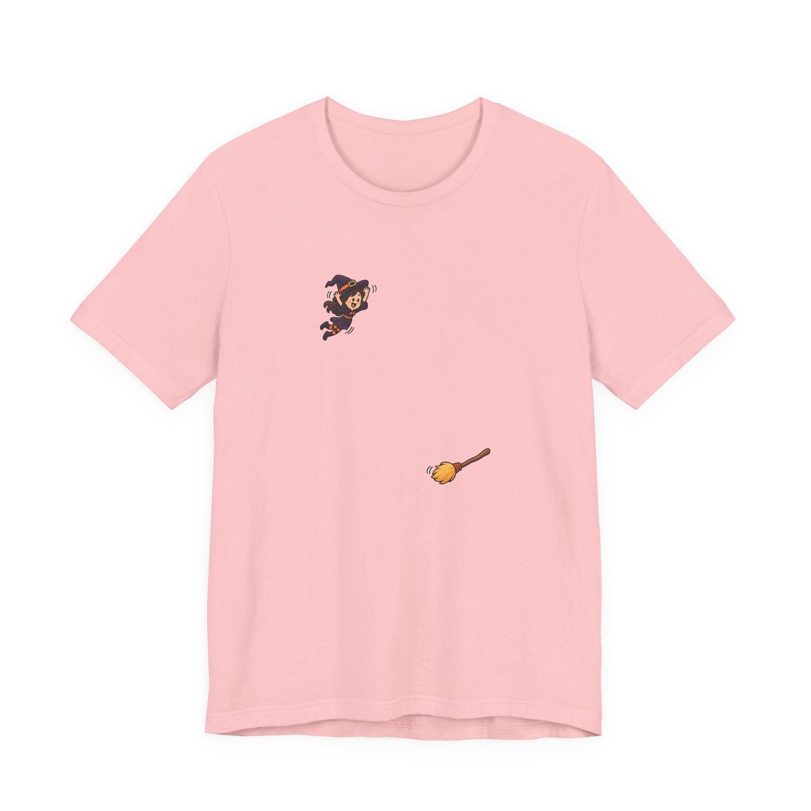 Playful Halloween Witch Jumping Onto Broom Graphic Tee - Image 13