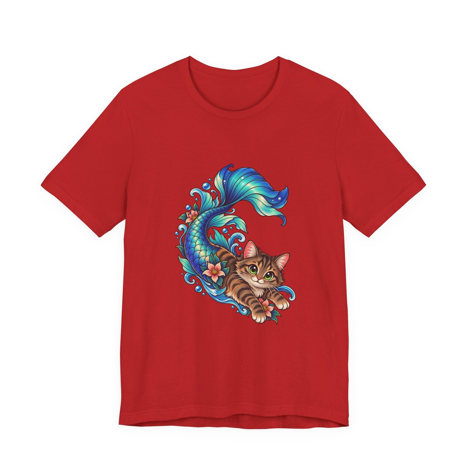 Cute Mermaid Cat Turquoise Tail Ocean Flowers Graphic Tee - Image 45