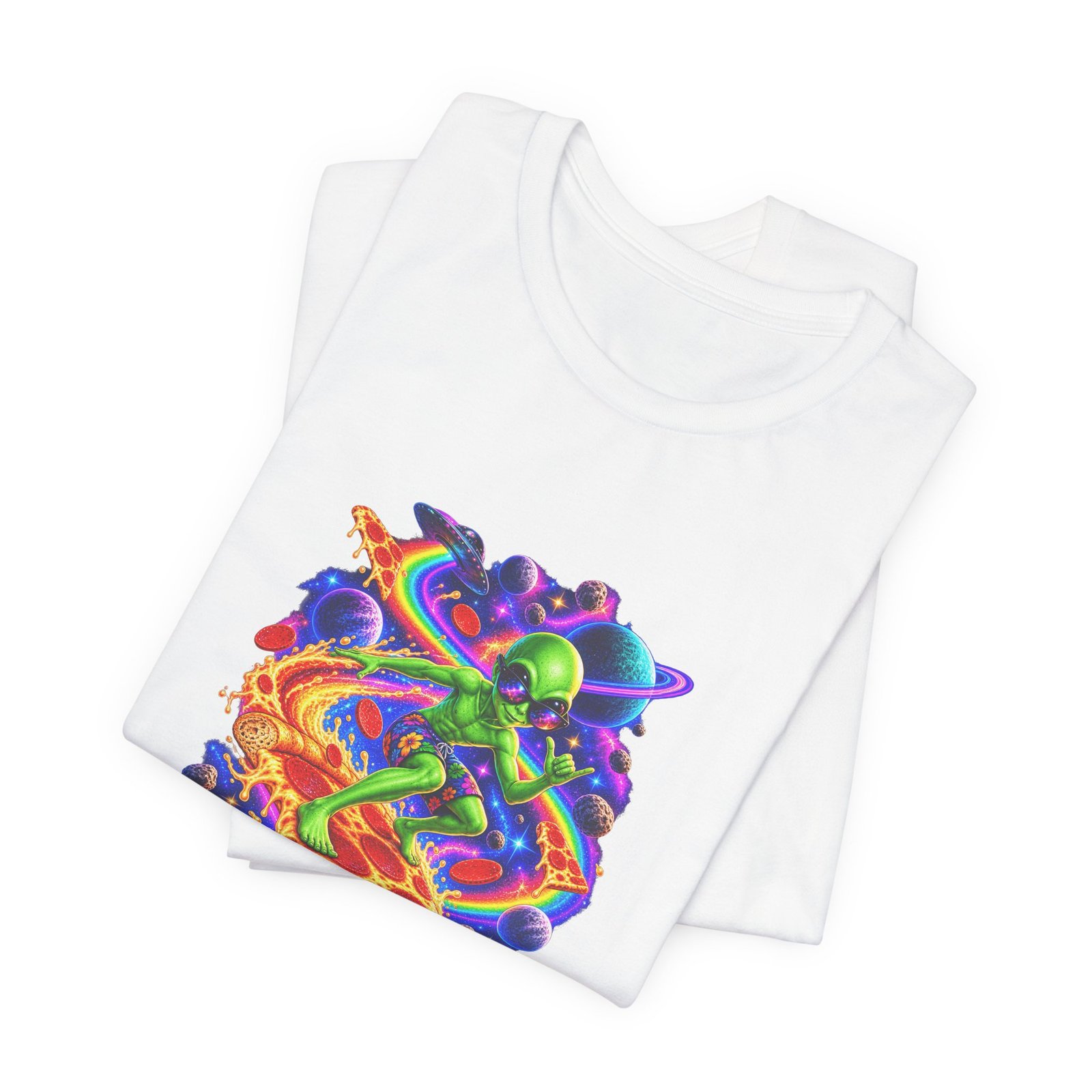 Cosmic Alien Pizza Surfer Graphic Tee - Image 3