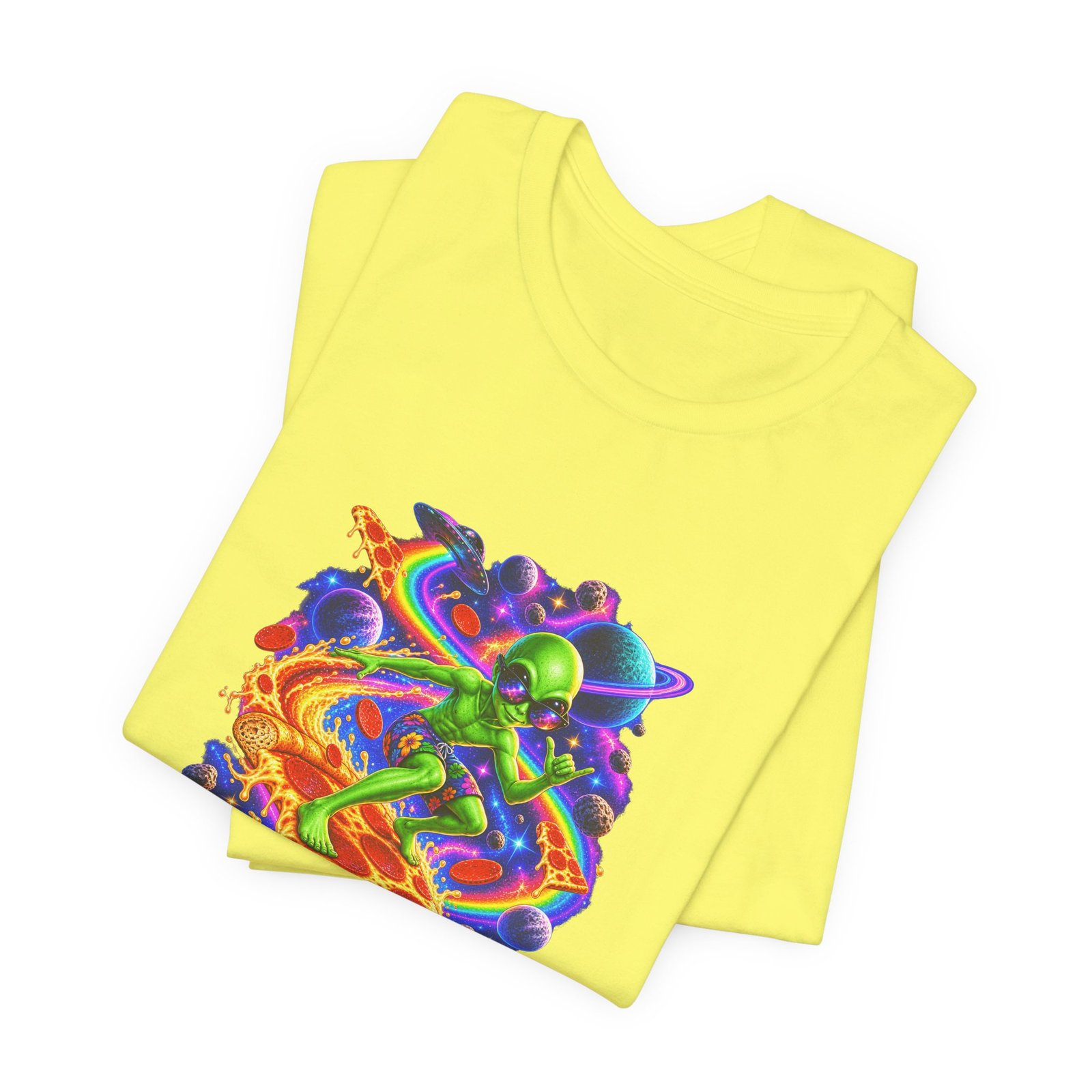 Cosmic Alien Pizza Surfer Graphic Tee - Image 19