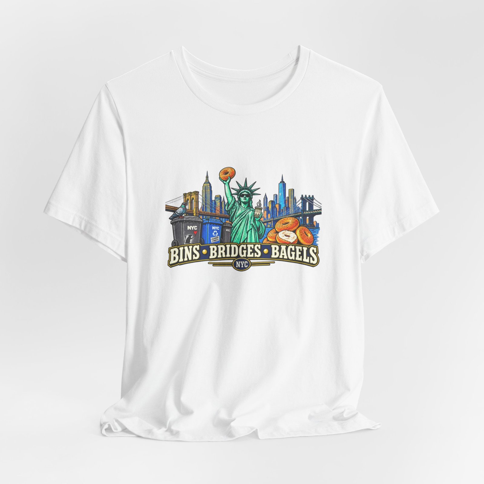 NYC Cleaner Streets Liberty Bagels Bridges Bins Graphic Tee - Image 4