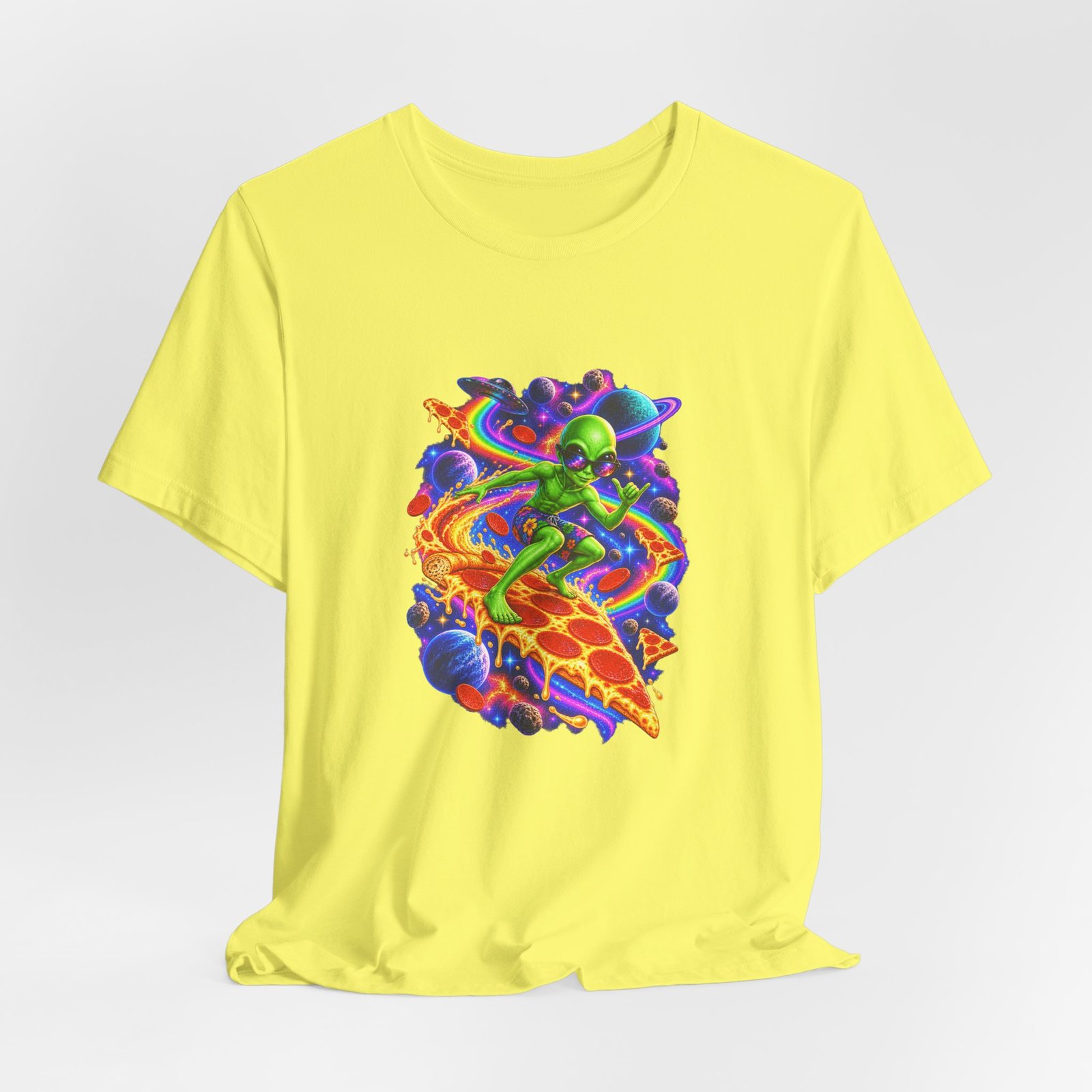 Cosmic Alien Pizza Surfer Graphic Tee - Image 20