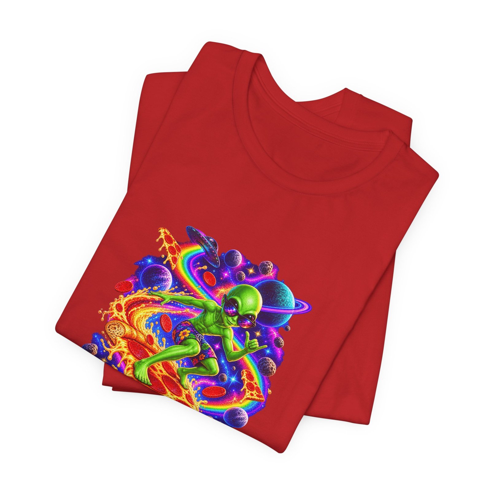 Cosmic Alien Pizza Surfer Graphic Tee - Image 47