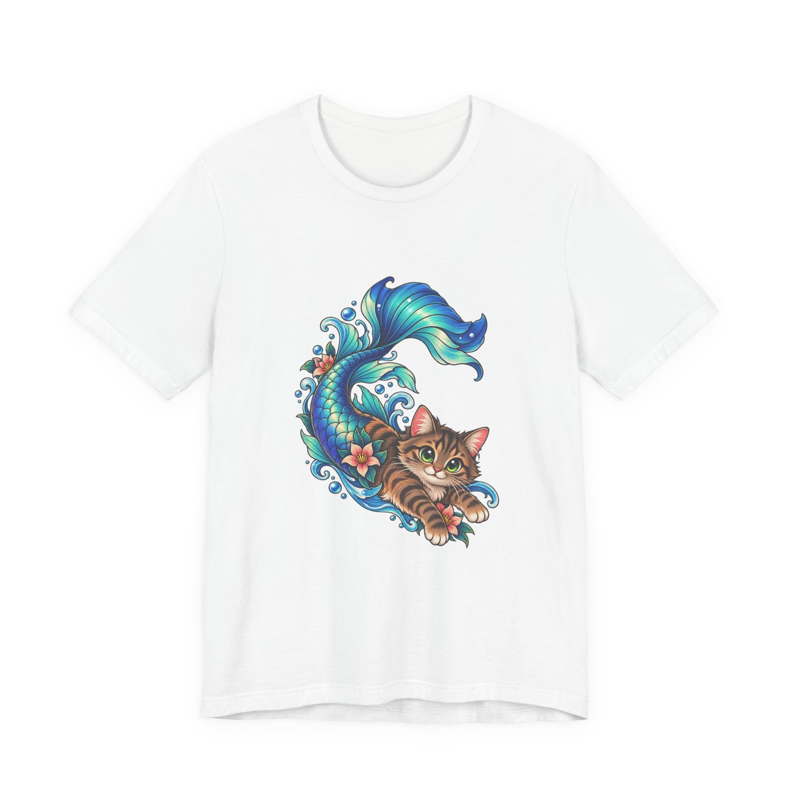 Cute Mermaid Cat Turquoise Tail Ocean Flowers Graphic Tee