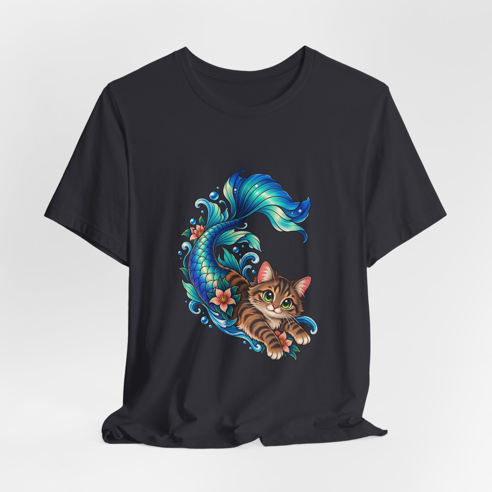 Cute Mermaid Cat Turquoise Tail Ocean Flowers Graphic Tee - Image 24