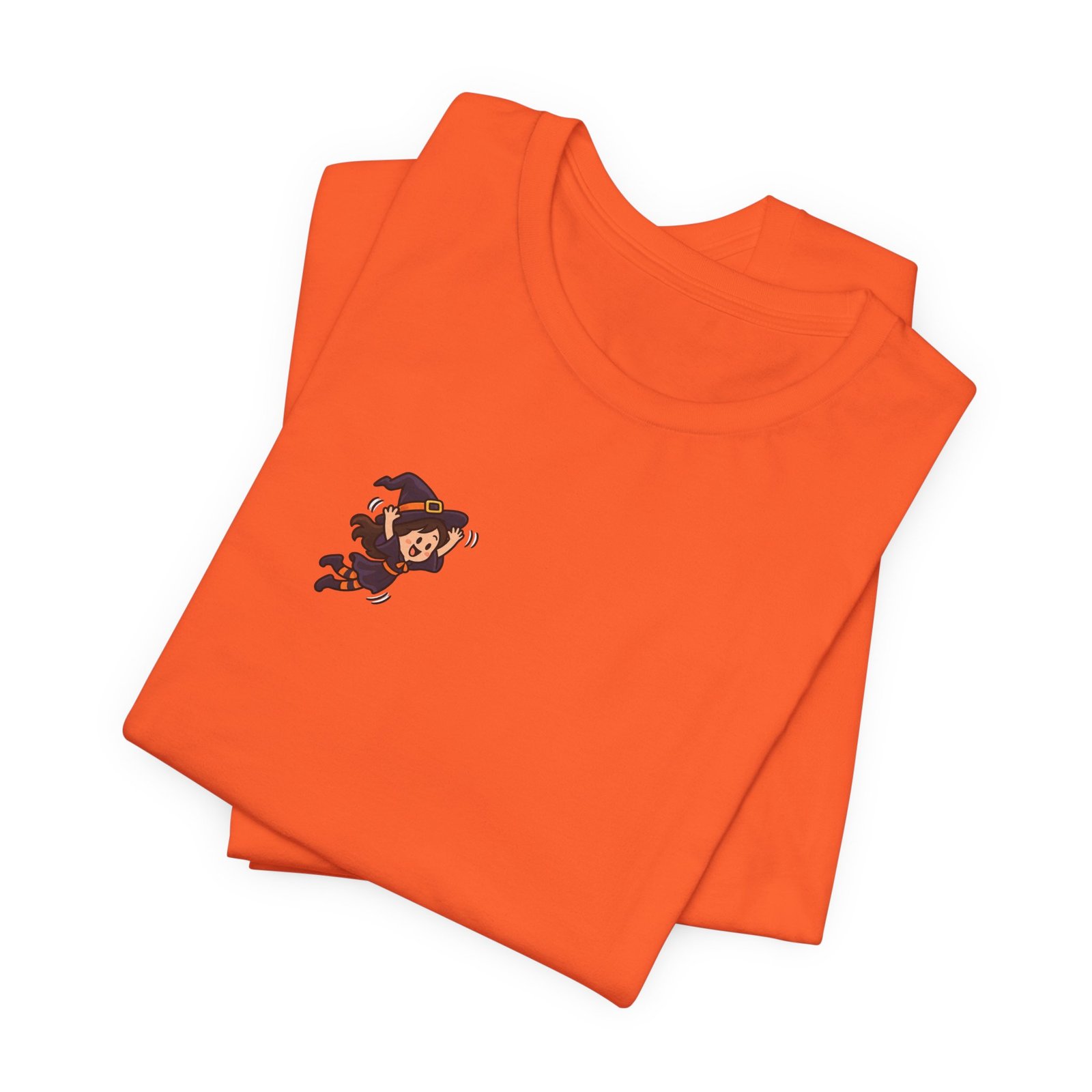 Playful Halloween Witch Jumping Onto Broom Graphic Tee - Image 7